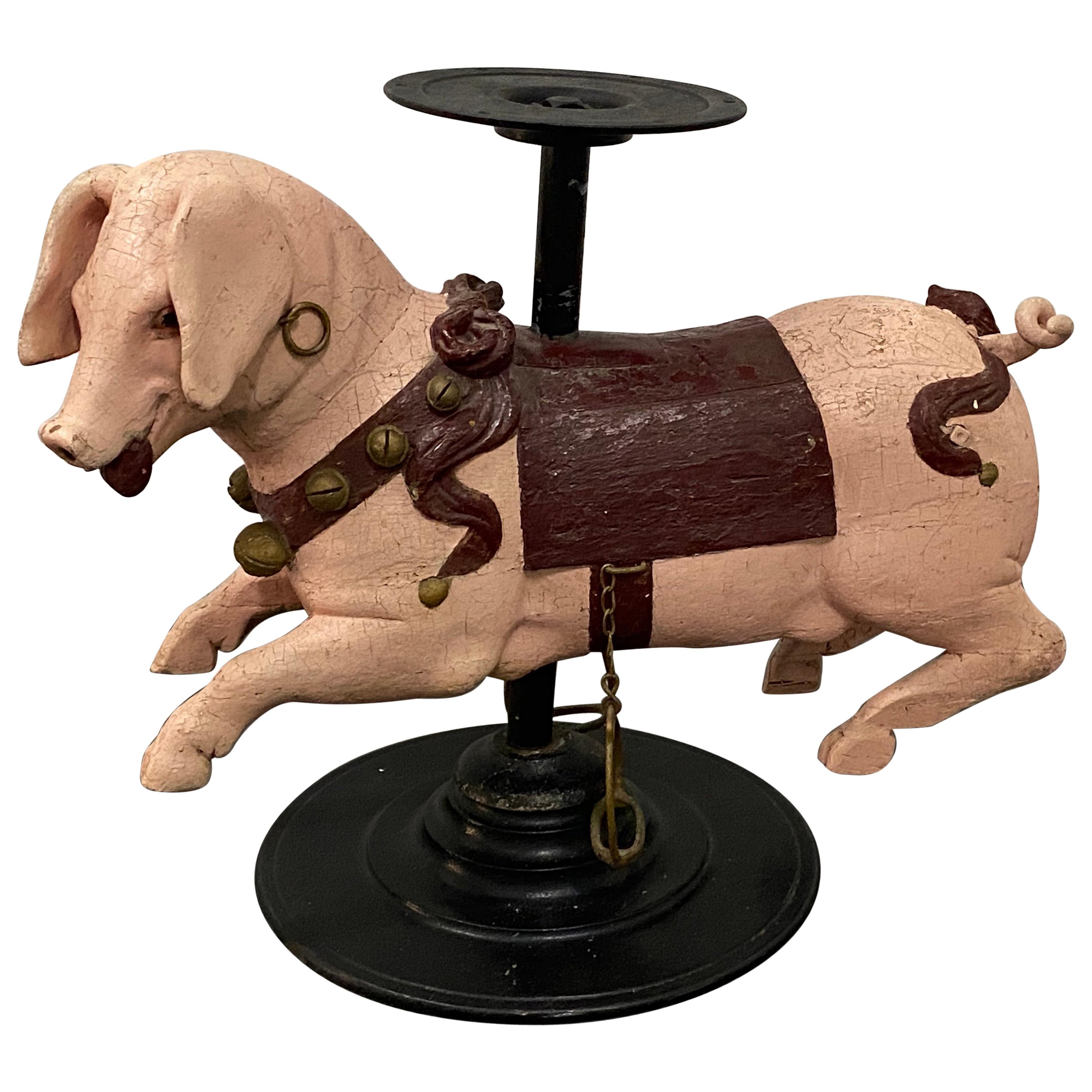 19th Century French Carved and Painted Carousel Pig on Stand