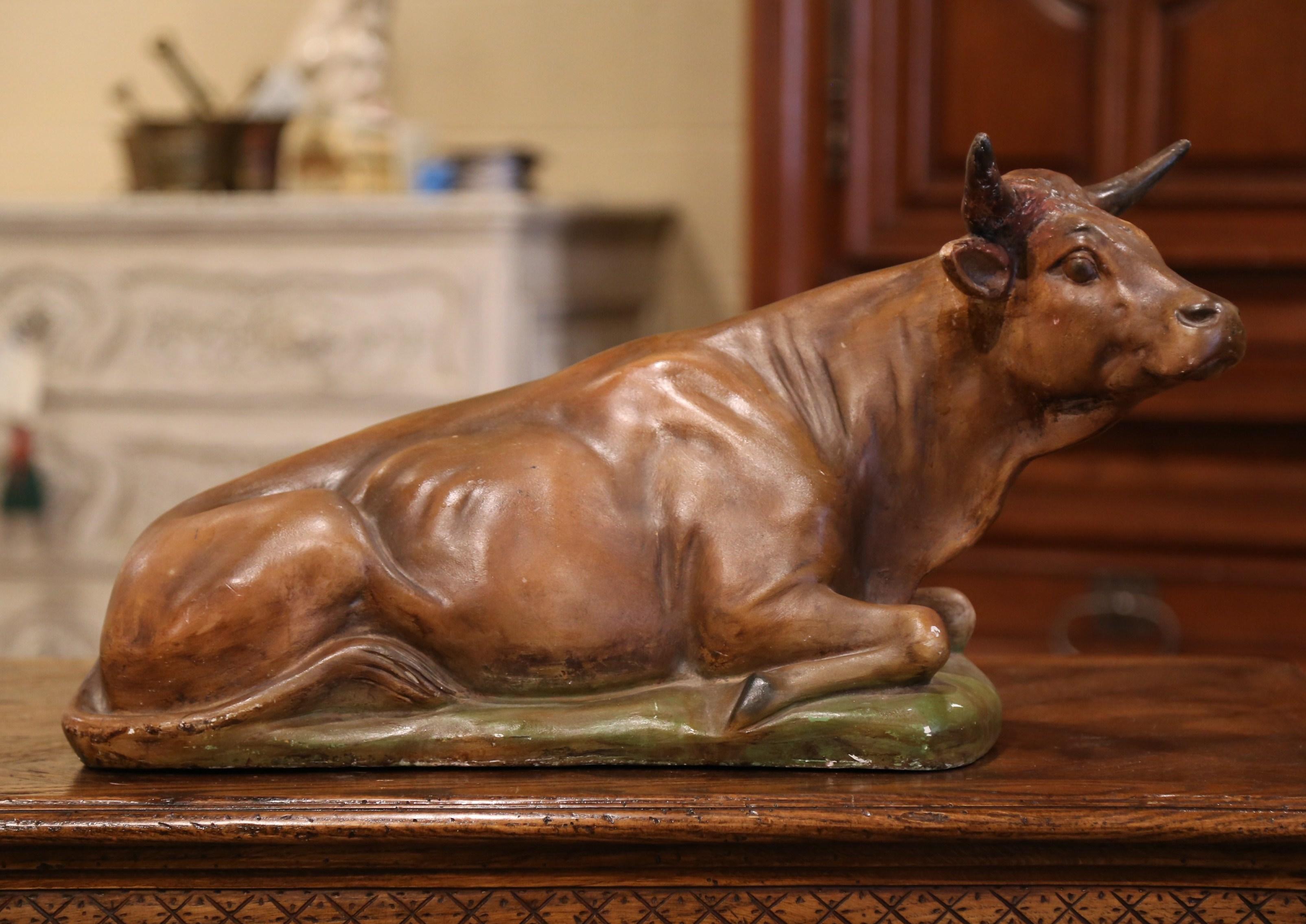 19th Century French Carved Painted Ceramic Cow Sculpture In Excellent Condition In Dallas, TX
