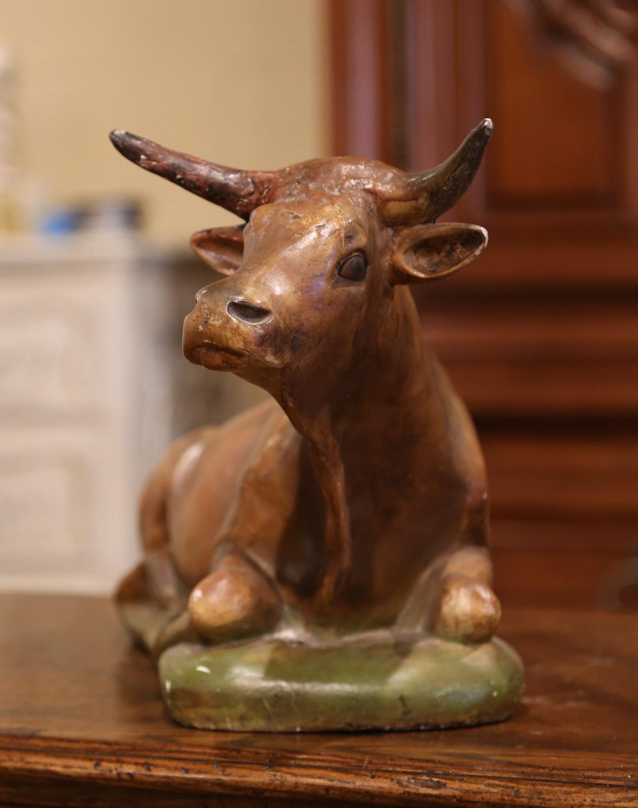 19th Century French Carved Painted Ceramic Cow Sculpture 1