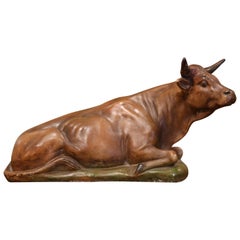 19th Century French Carved Painted Ceramic Cow Sculpture