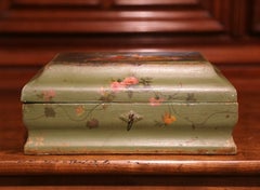 19th Century French Carved Painted Green Jewelry Casket Box with Courting Scene