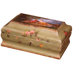 19th Century French Carved Painted Green Jewelry Casket Box with Courting Scene