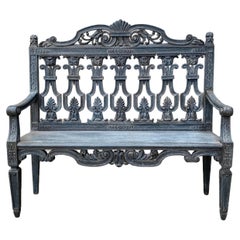 19th Century French Carved painted Oak Hall Bench