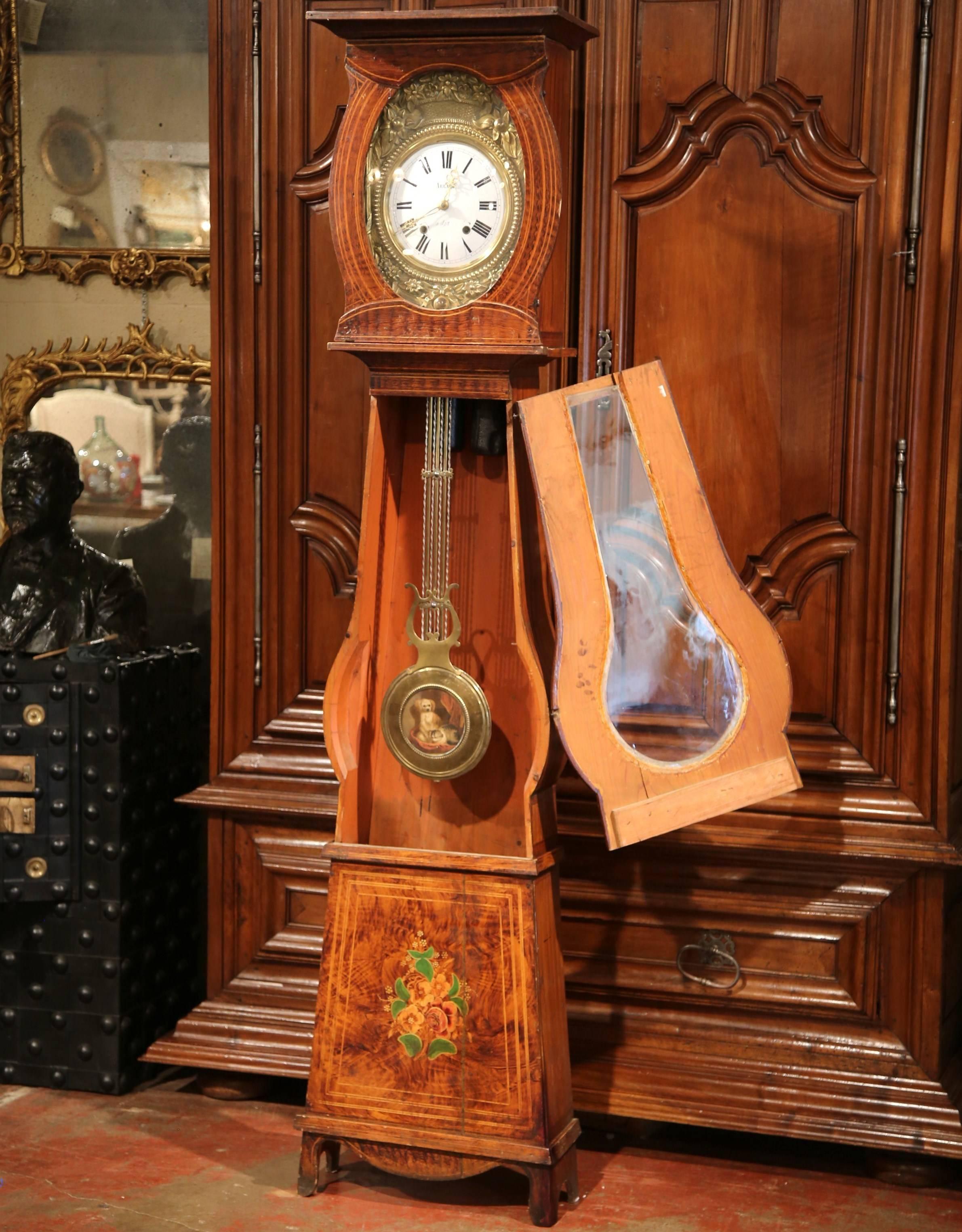 19th Century French Carved Painted Pine Comtoise Grandfather Clock from Normandy In Excellent Condition In Dallas, TX