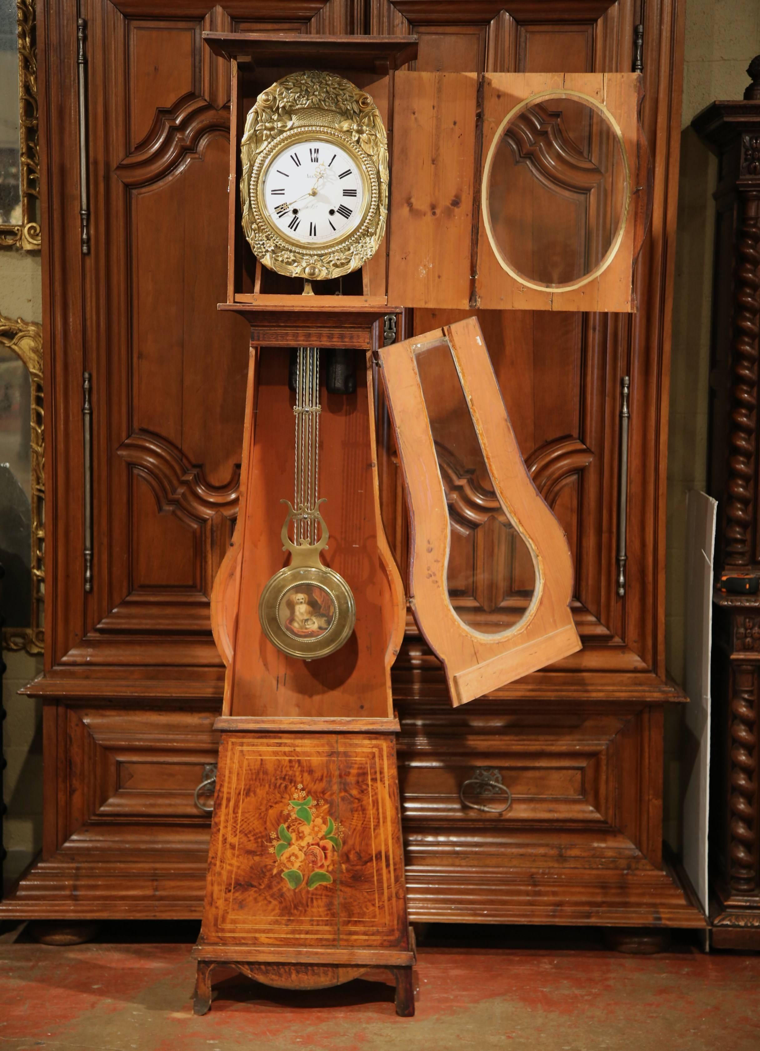 19th Century French Carved Painted Pine Comtoise Grandfather Clock from Normandy 2