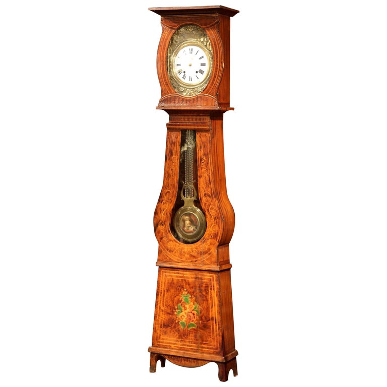 19th Century French Carved Painted Pine Comtoise Grandfather Clock from