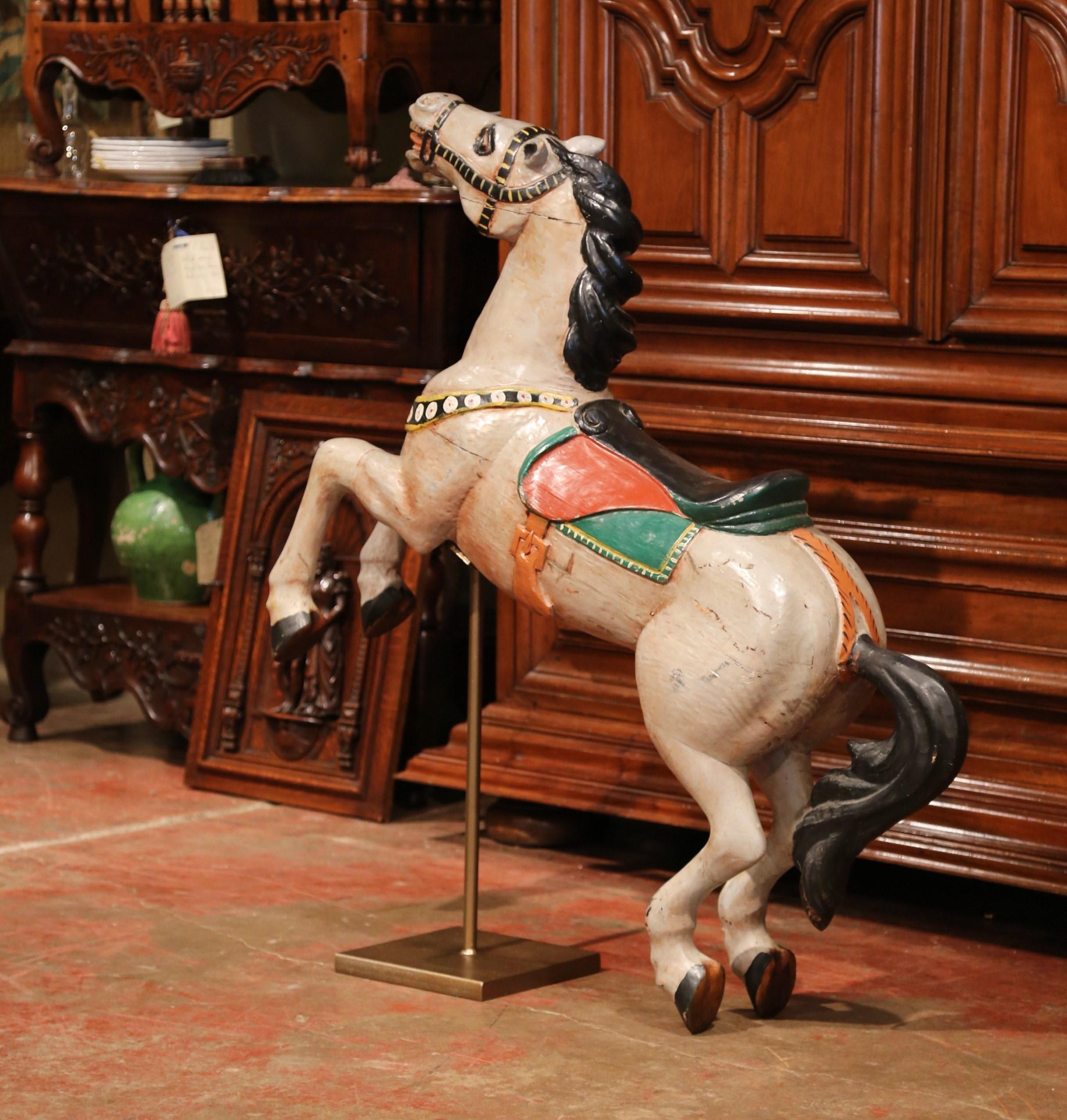 Patinated 19th Century French Carved Painted Rampant Carousel Horse on Iron Stand