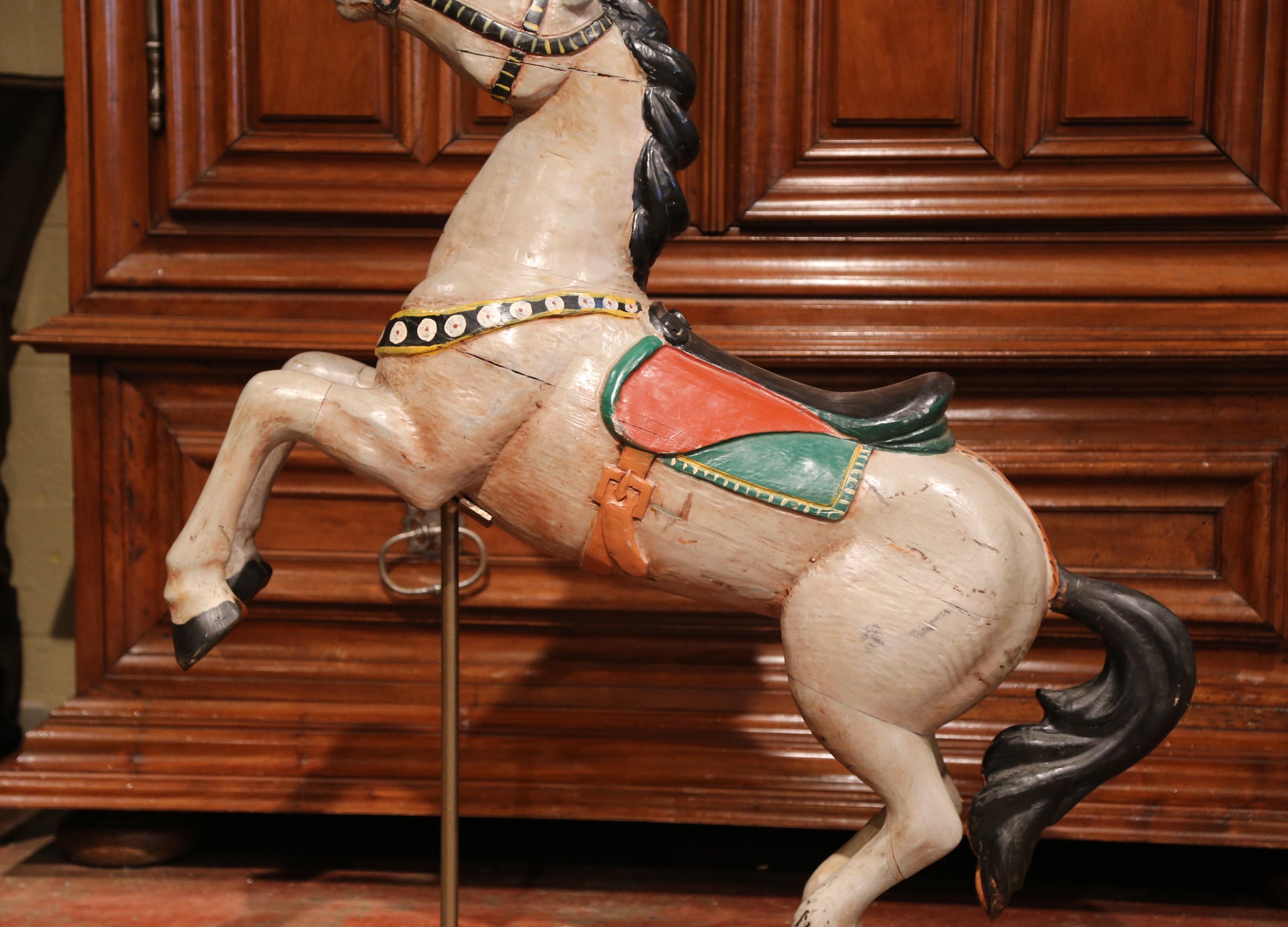 19th Century French Carved Painted Rampant Carousel Horse on Iron Stand In Excellent Condition In Dallas, TX