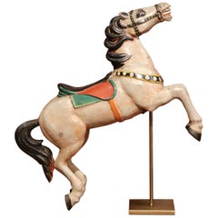 19th Century French Carved Painted Rampant Carousel Horse on Iron Stand