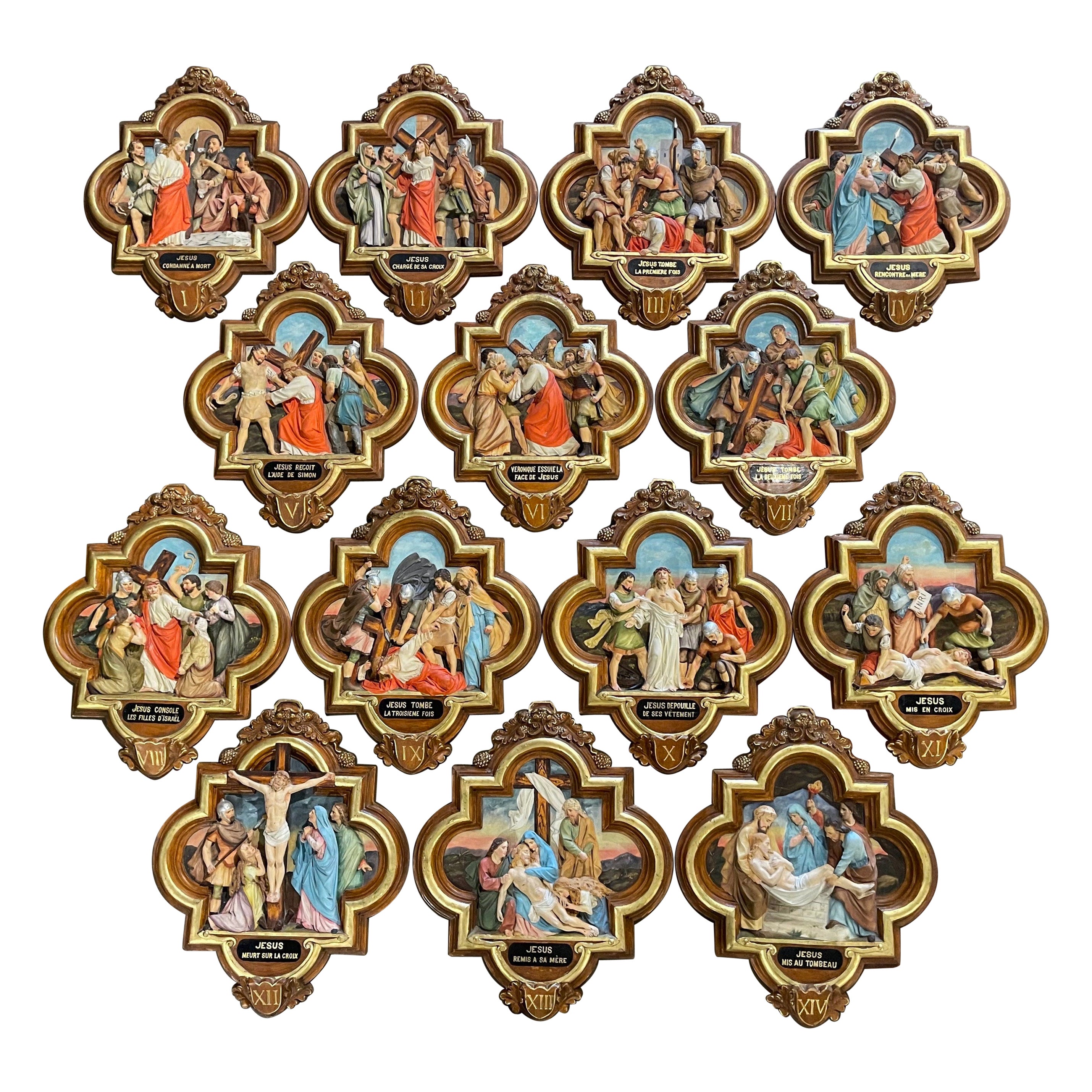 19th Century French Carved Painted "Stations of the Cross", Complete Set of 14