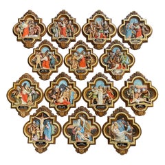 19th Century French Carved Painted "Stations of the Cross", Complete Set of 14