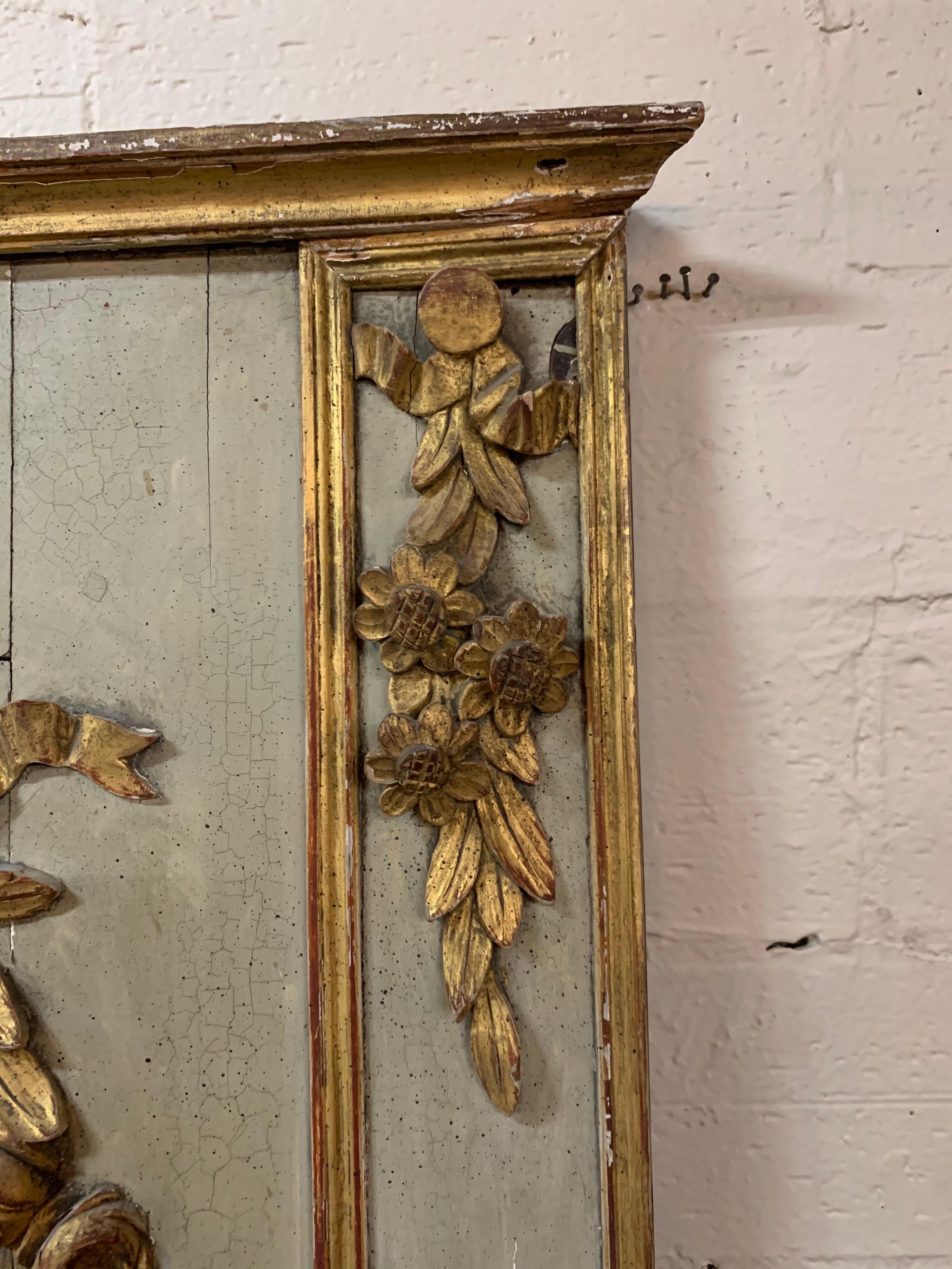 Hand-Painted 19th Century French Carved Painted Trumeau Mirror