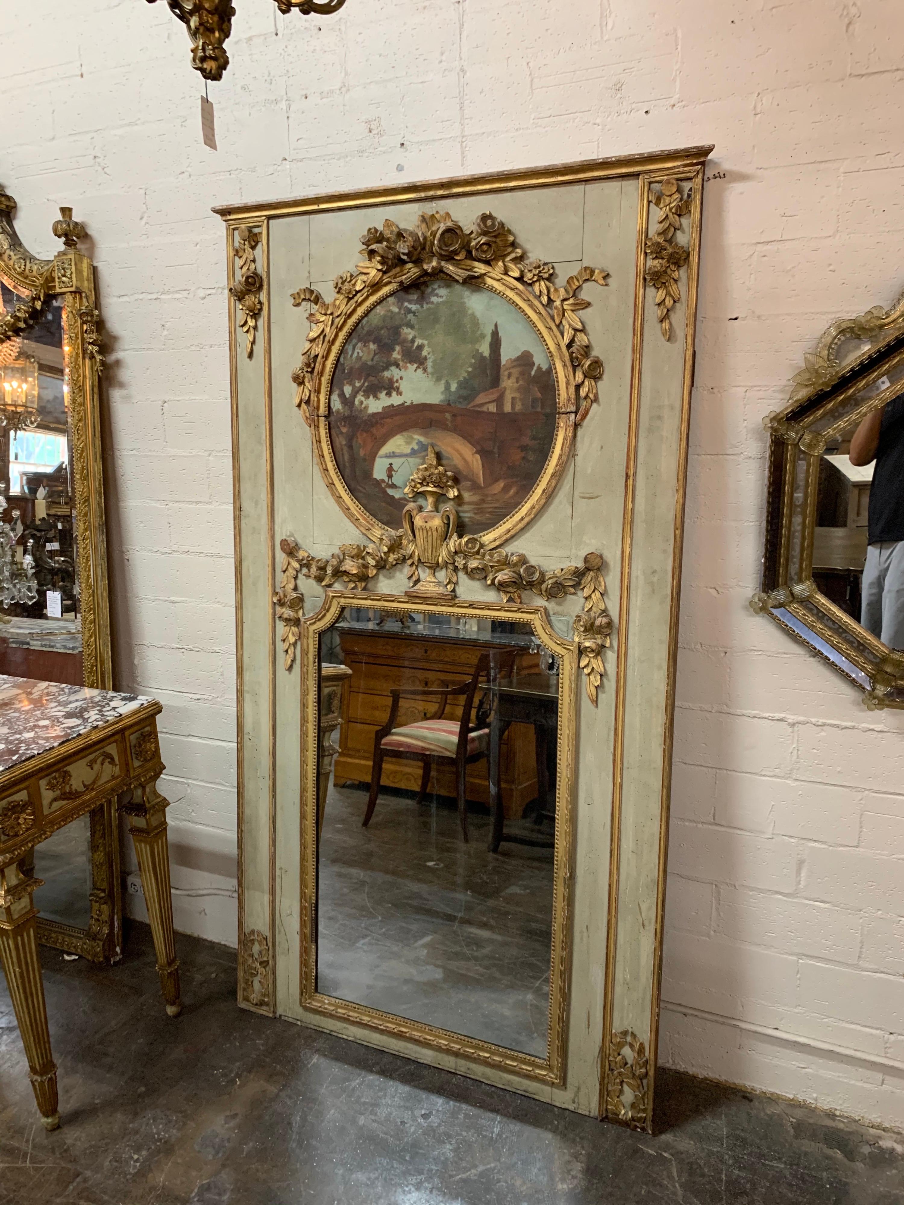 19th Century French Carved Painted Trumeau Mirror 1
