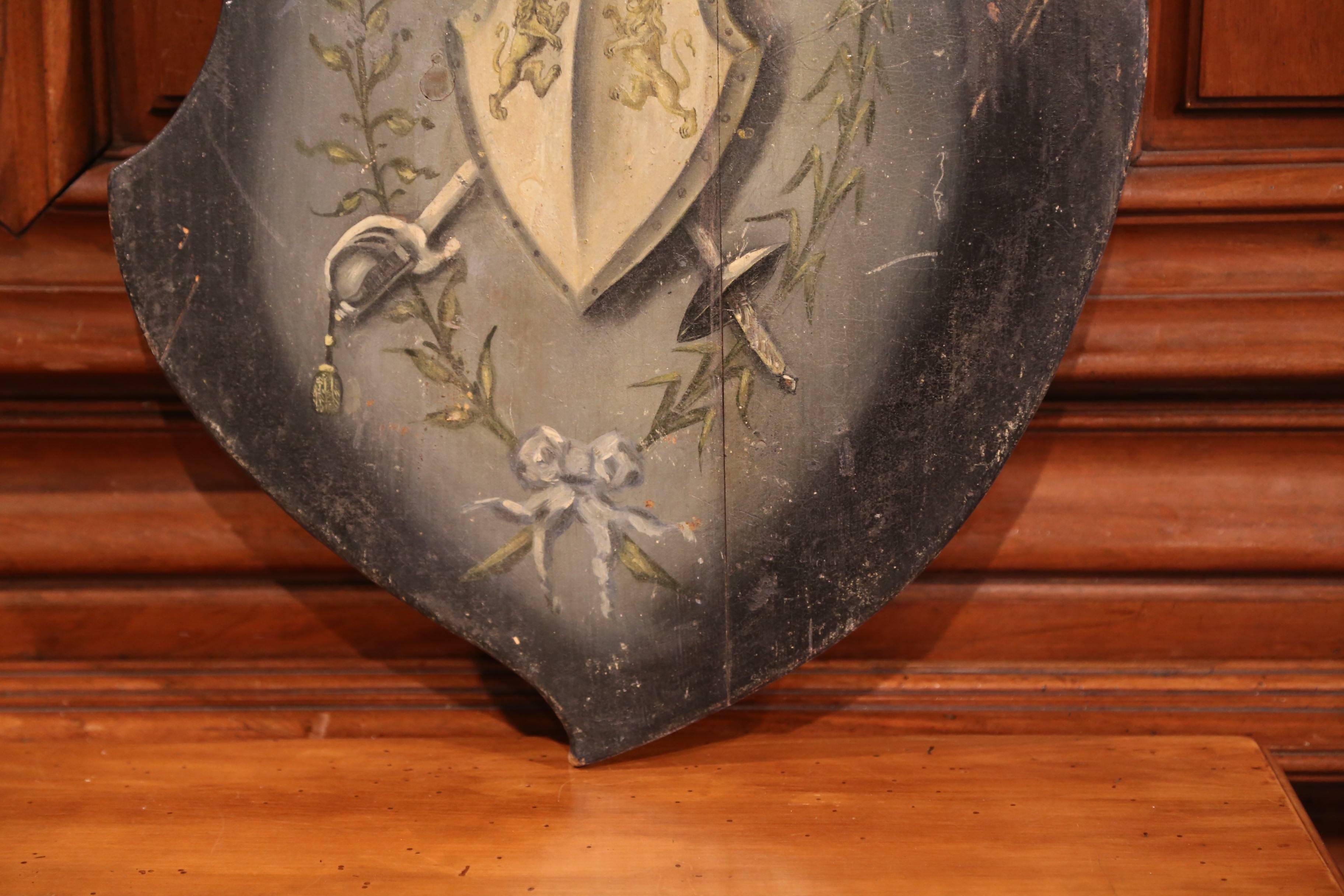 Medieval 19th Century French Carved Painted Wall Hanging Shield with Family Crest For Sale