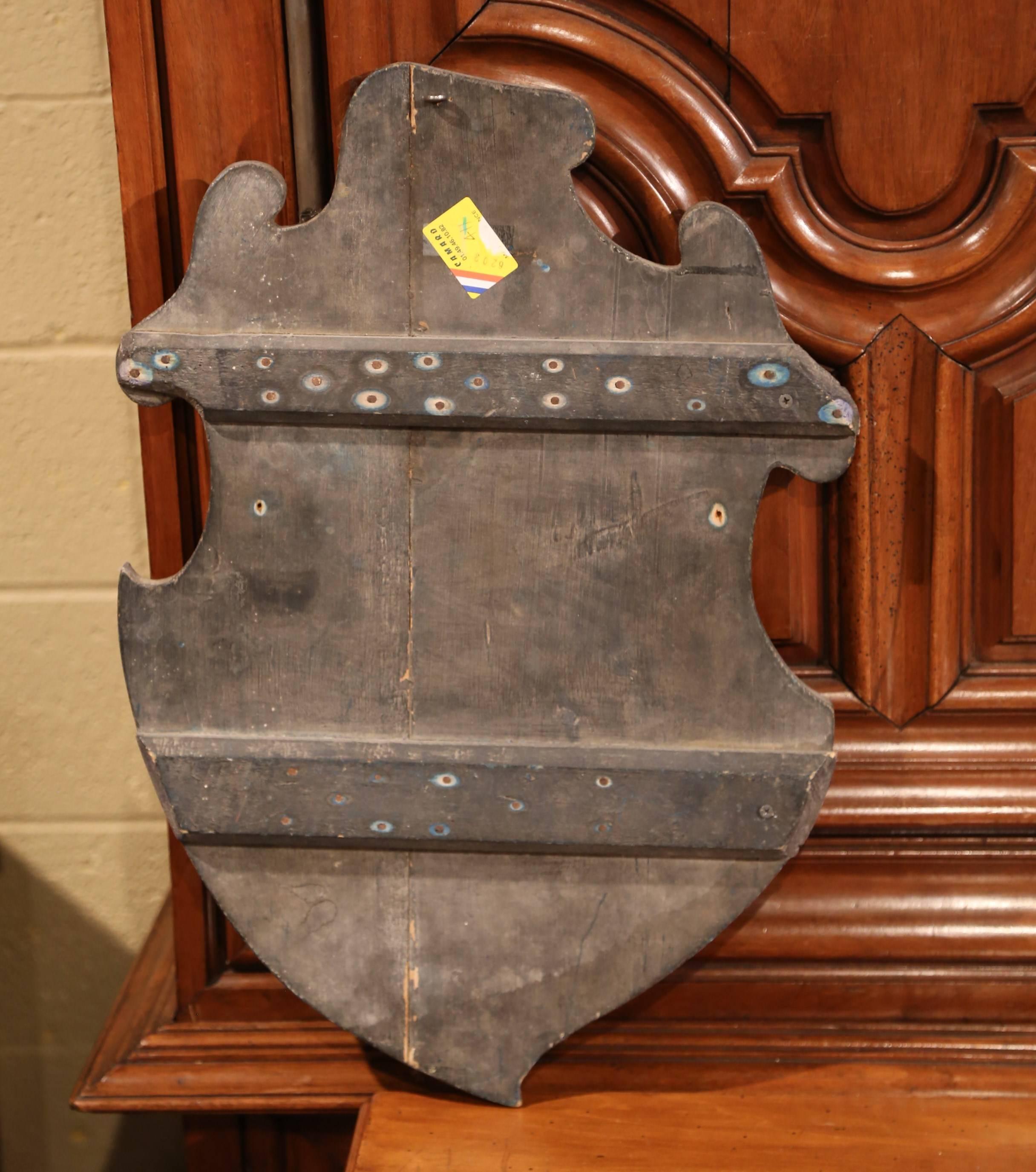 Hand-Painted 19th Century French Carved Painted Wall Hanging Shield with Family Crest For Sale
