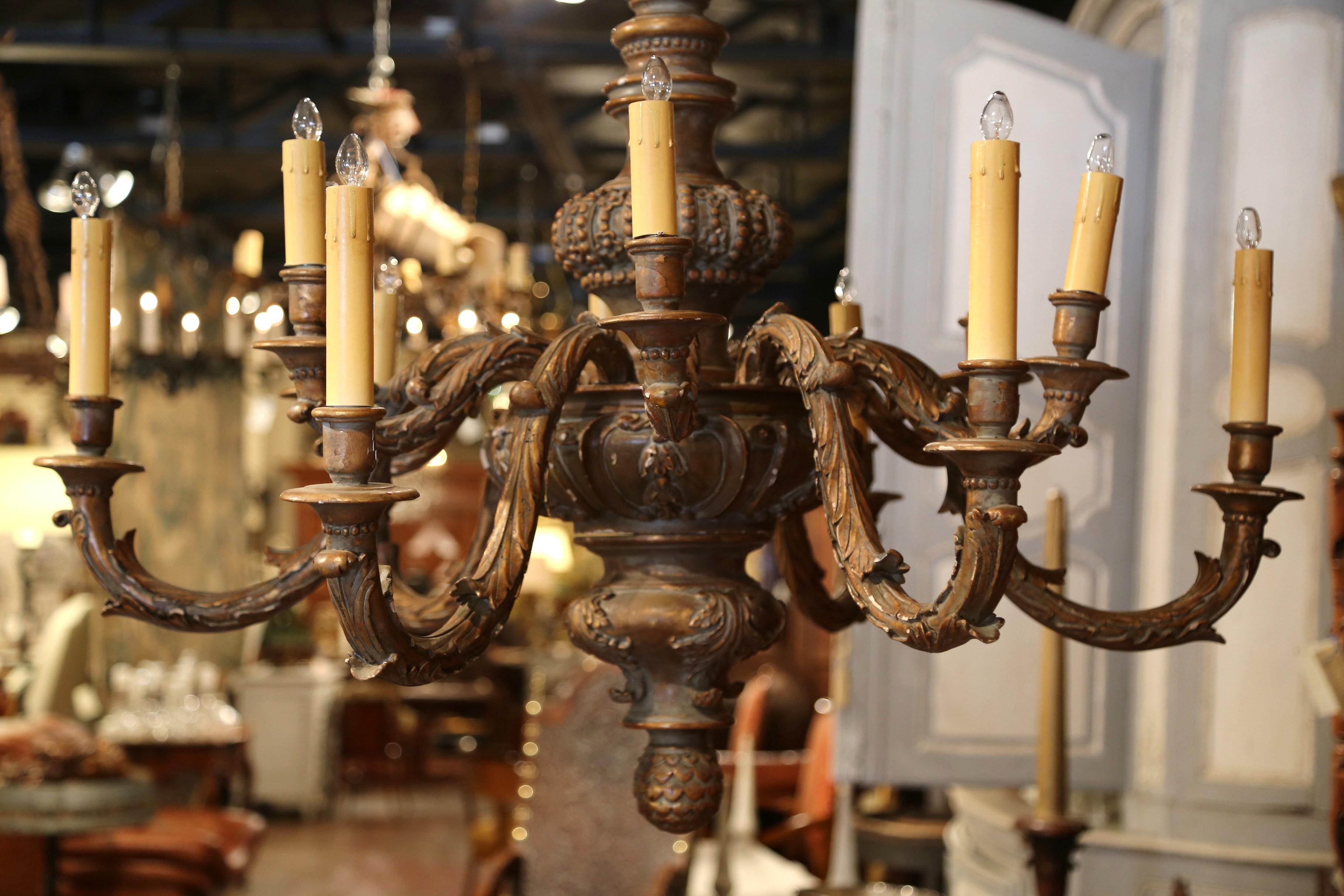 19th Century French Carved Painted with Gilt Twelve-Light Chandelier 2