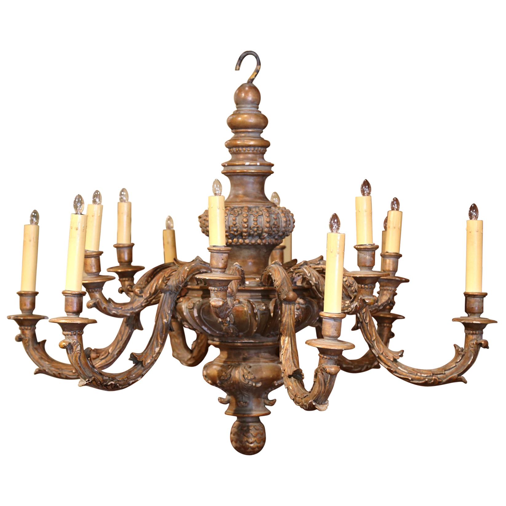 19th Century French Carved Painted with Gilt Twelve-Light Chandelier