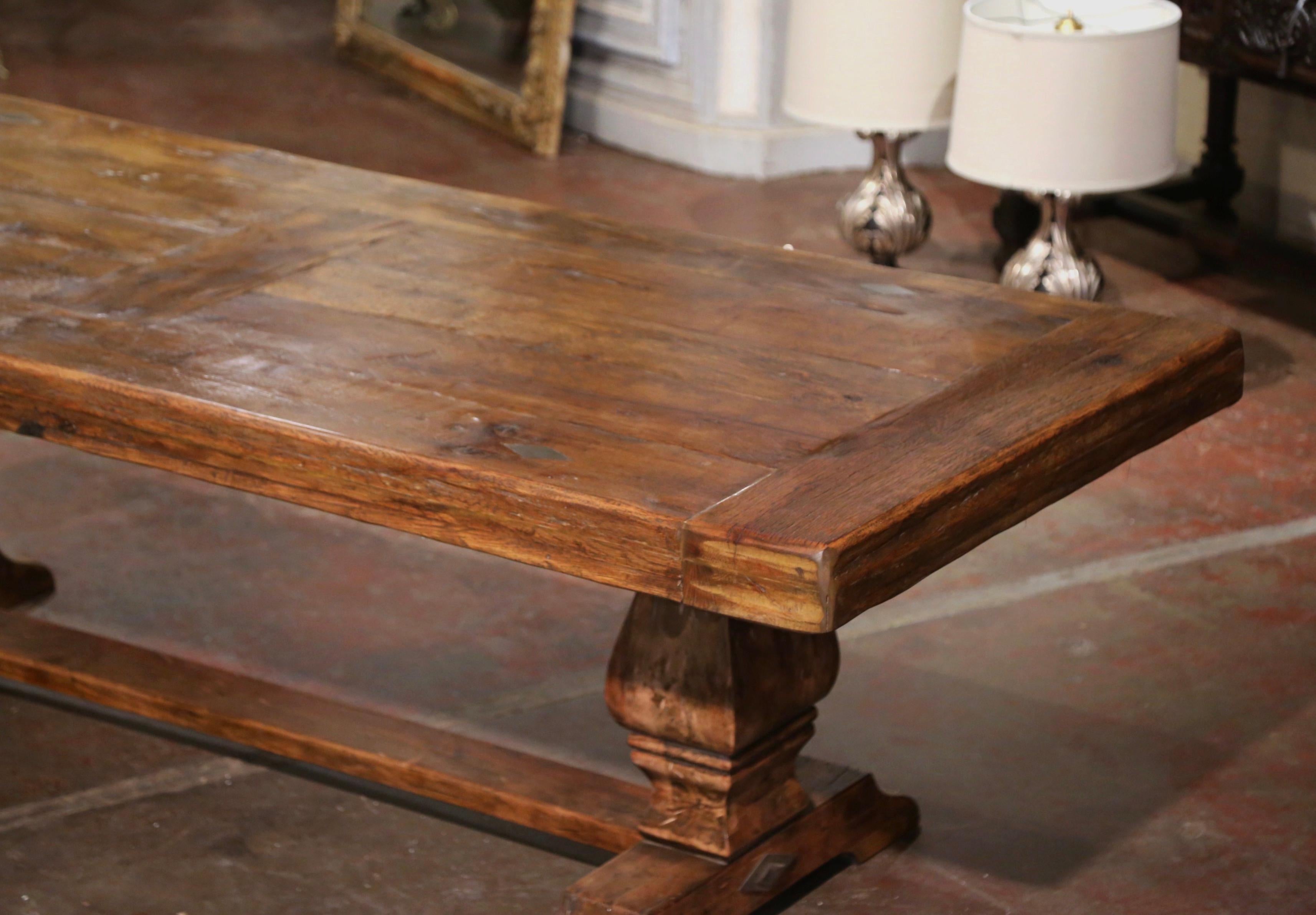 19th Century French Carved Parquet Oak and Walnut Monastery Trestle Table In Excellent Condition In Dallas, TX