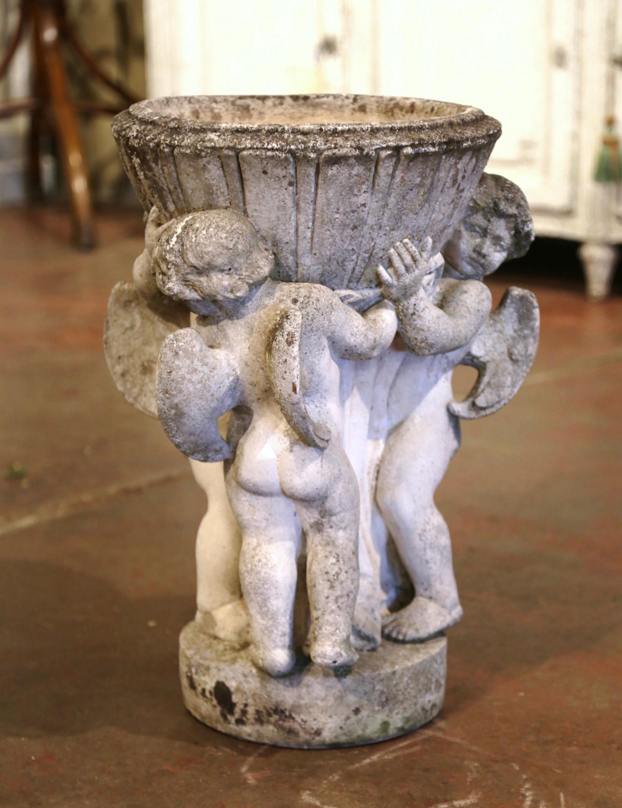 19th Century French Carved Patinated and Weathered Stone Planter with Cherubs 2