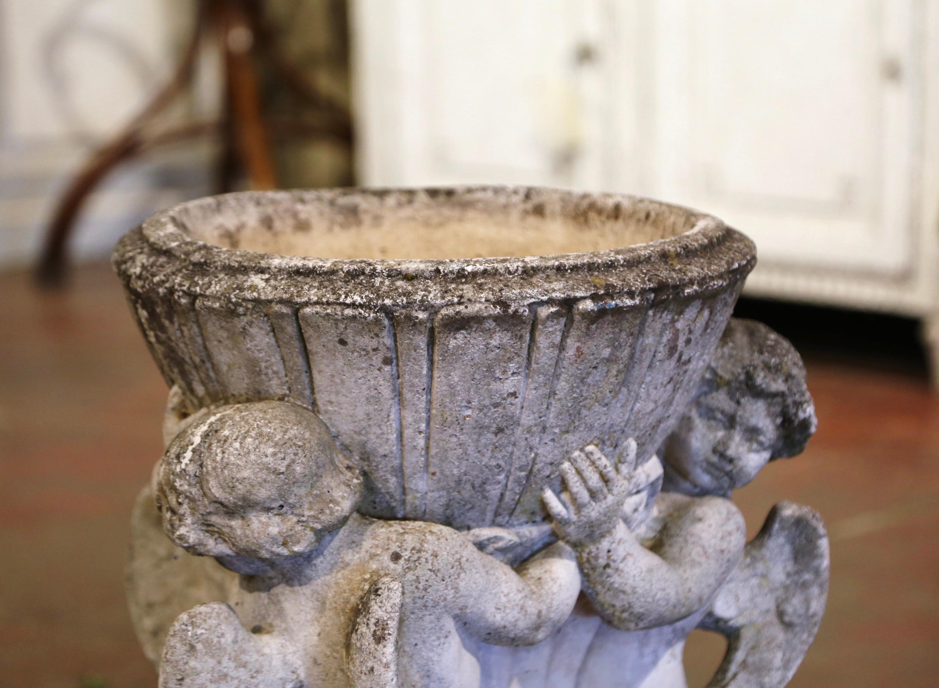 19th Century French Carved Patinated and Weathered Stone Planter with Cherubs 3