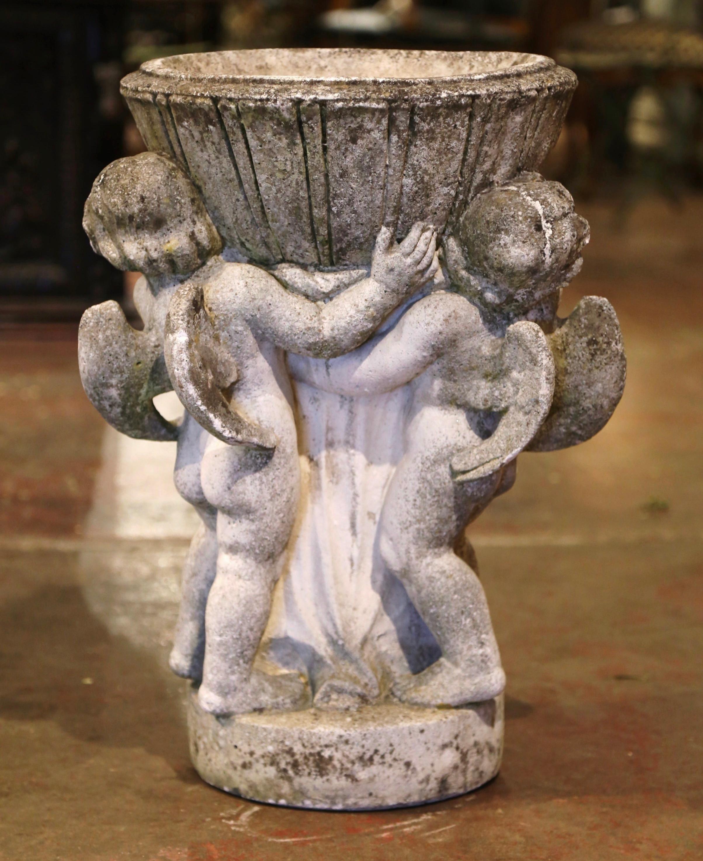 19th Century French Carved Patinated and Weathered Stone Planter with Cherubs 4