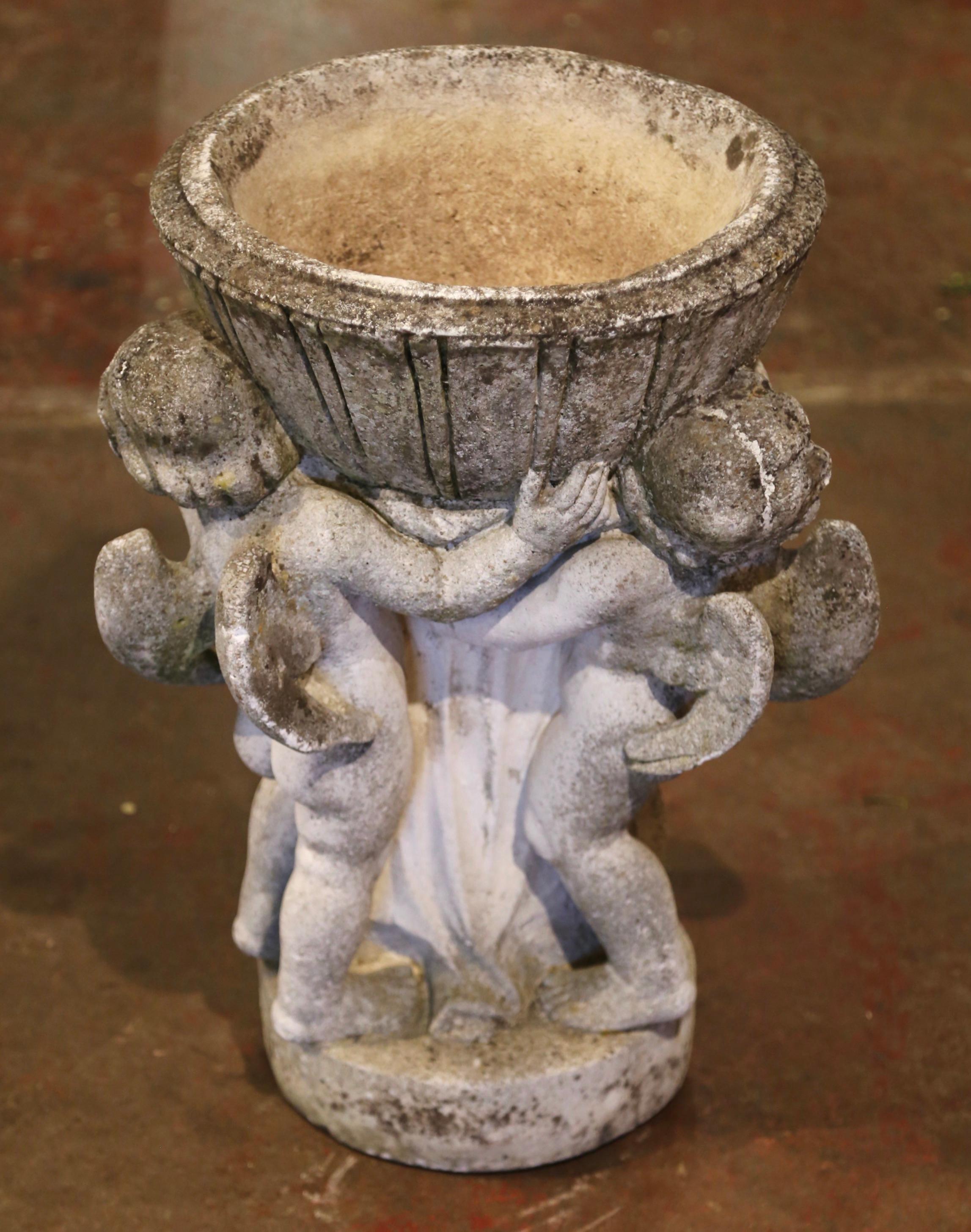 19th Century French Carved Patinated and Weathered Stone Planter with Cherubs 5