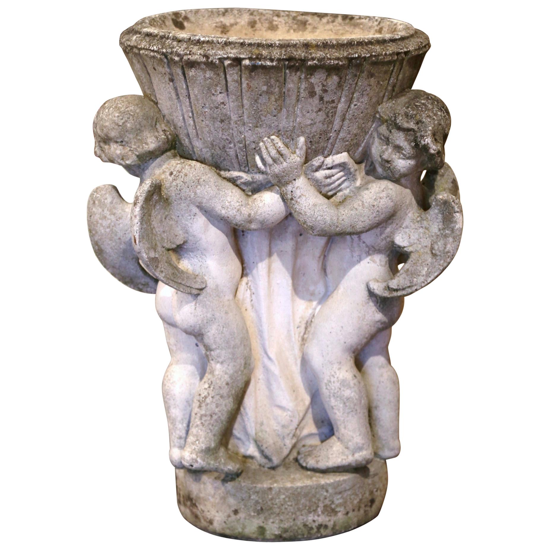 19th Century French Carved Patinated and Weathered Stone Planter with Cherubs