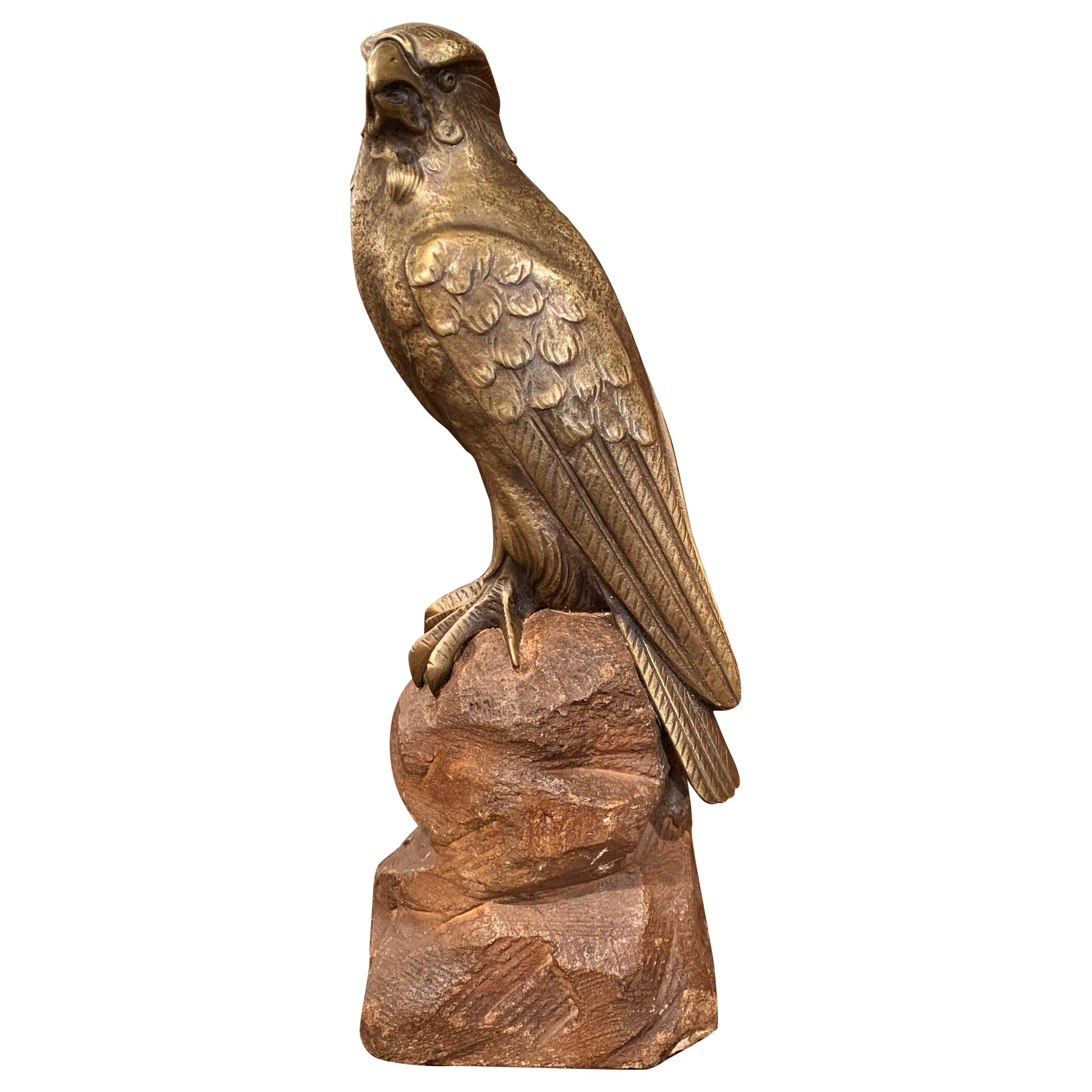 19th Century French Carved Patinated Bronze Eagle Sculpture on Stone Base