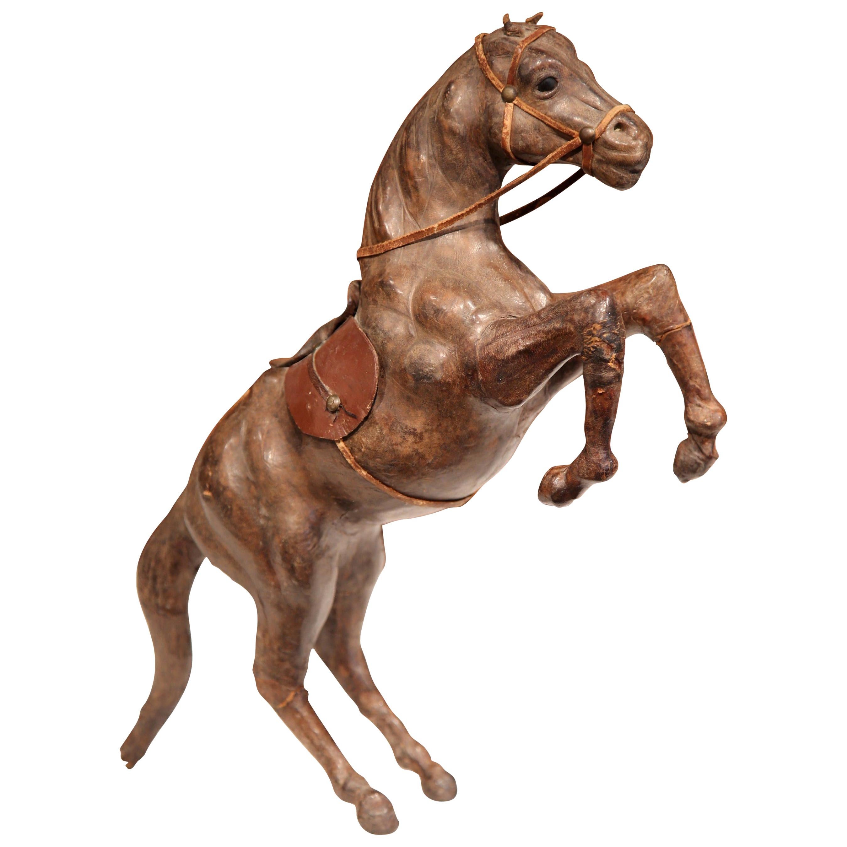 19th Century French Carved Patinated Leather Rearing Horse Sculpture