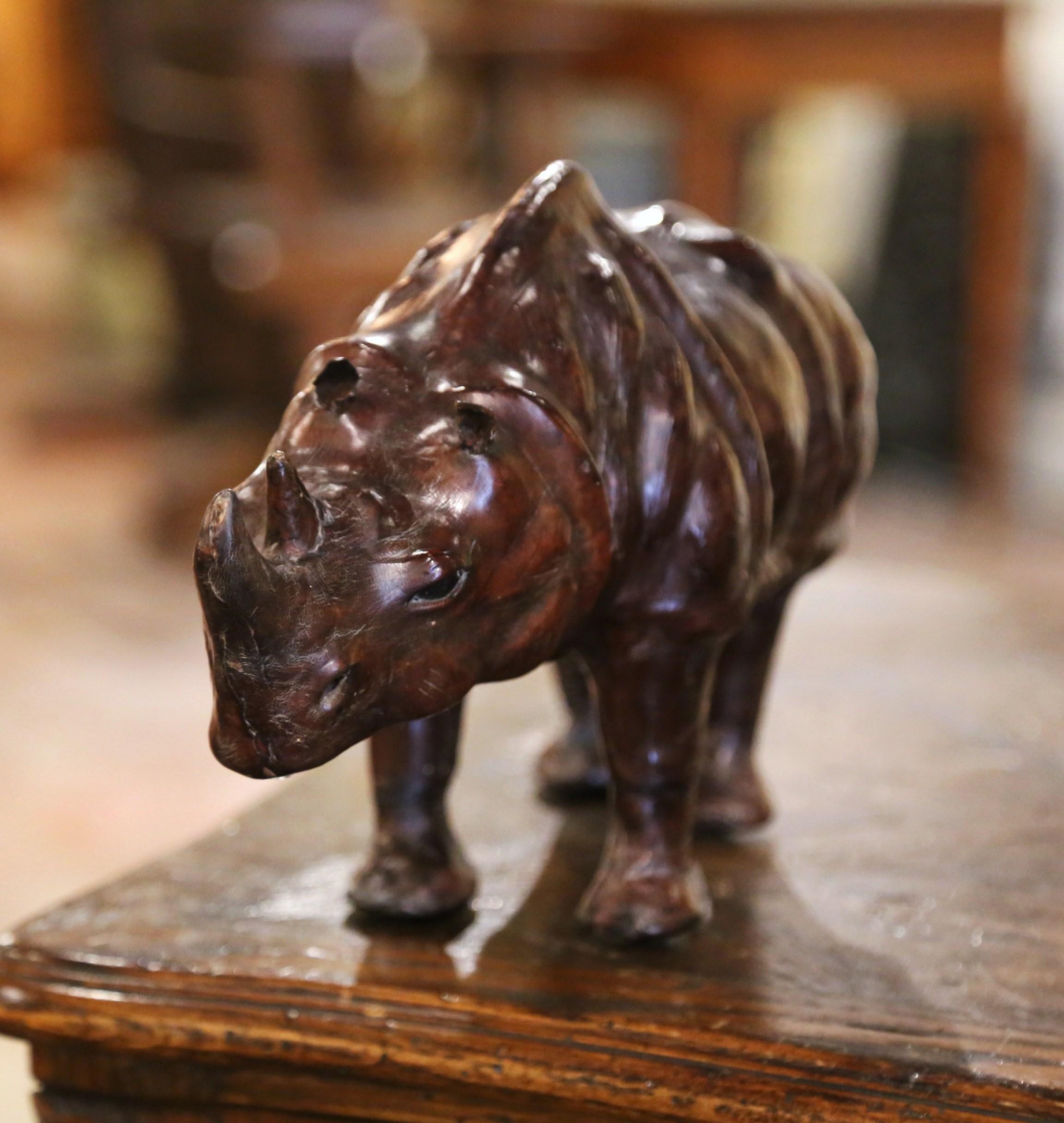Hand-Crafted 19th Century French Carved Patinated Leather Rhino Sculpture For Sale