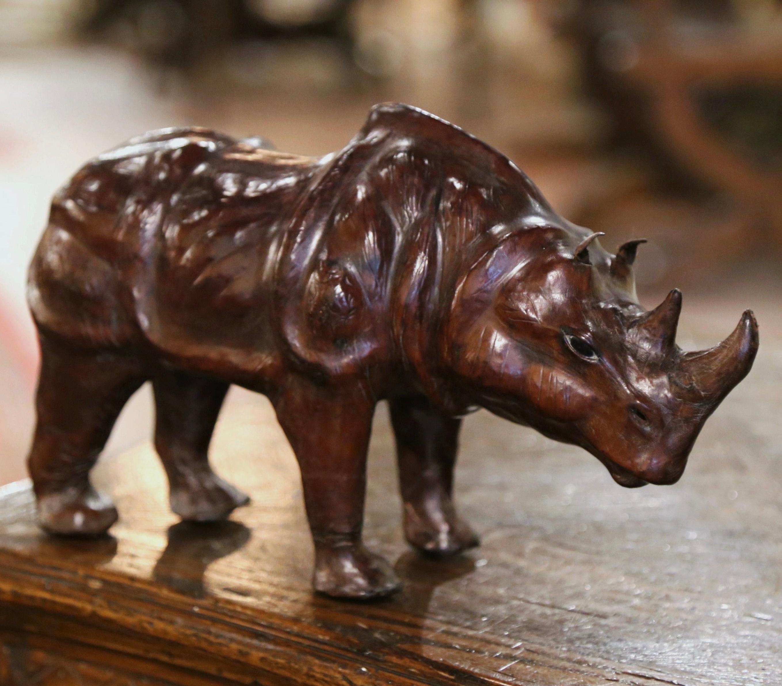 19th Century French Carved Patinated Leather Rhino Sculpture In Excellent Condition For Sale In Dallas, TX