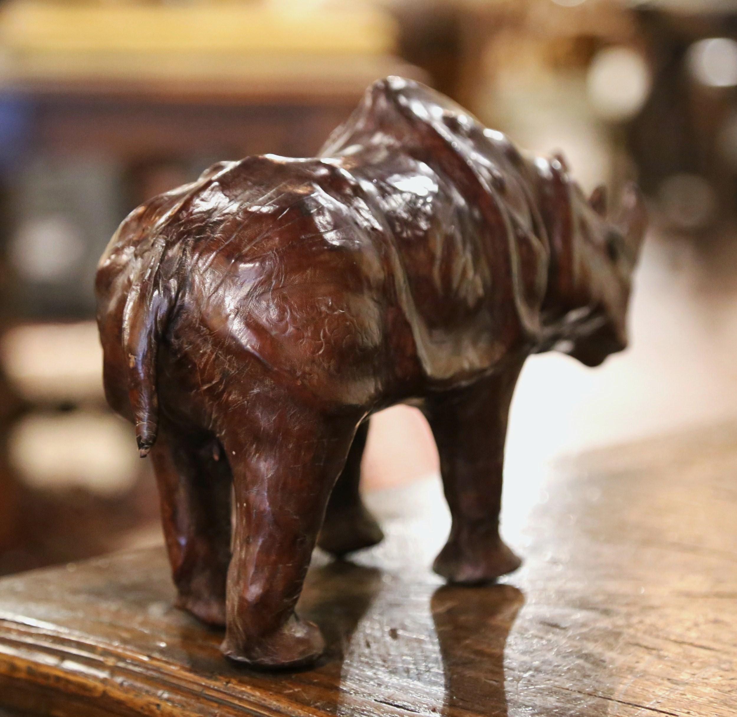 19th Century French Carved Patinated Leather Rhino Sculpture For Sale 1
