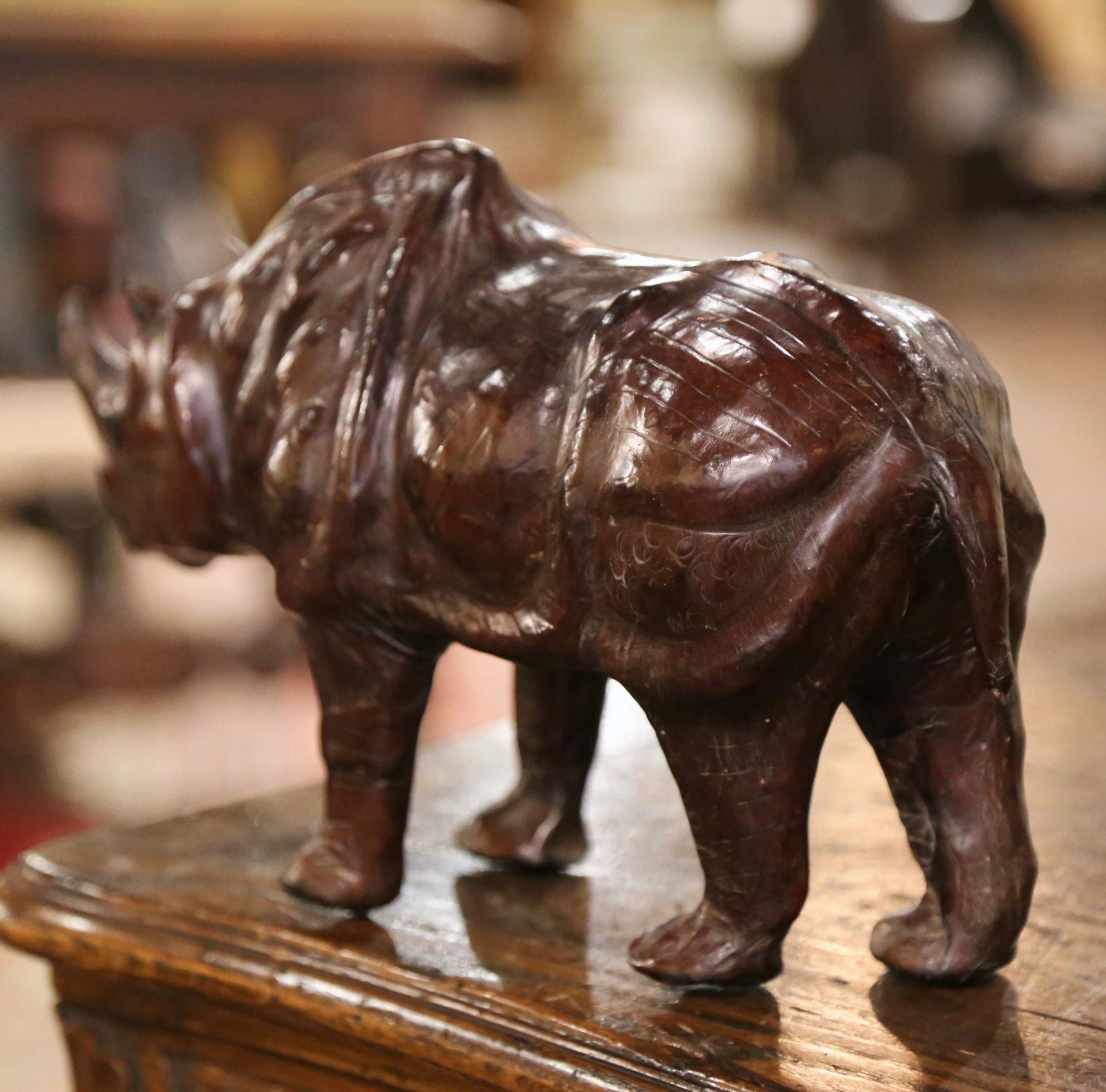 19th Century French Carved Patinated Leather Rhino Sculpture For Sale 2