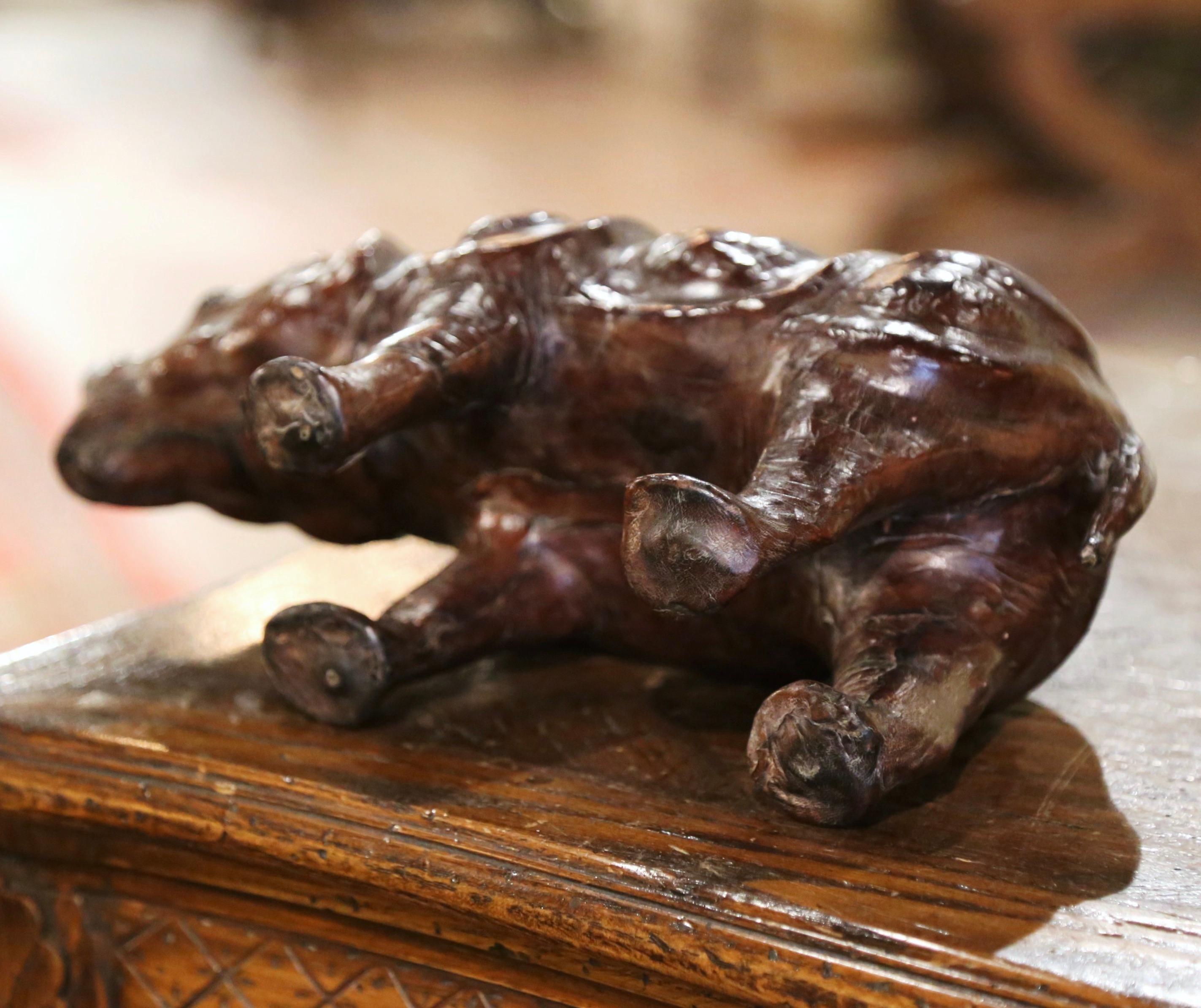 19th Century French Carved Patinated Leather Rhino Sculpture For Sale 4