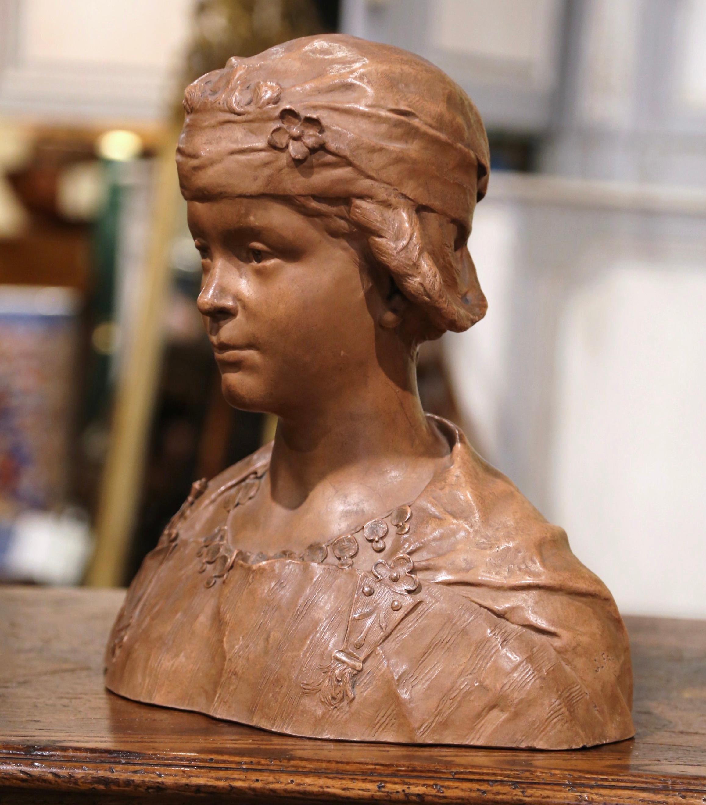Hand-Carved 19th Century French Carved Patinated Terracotta Bust Signed J. J. Frere