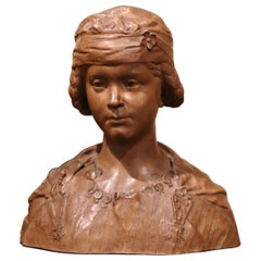 19th Century French Carved Patinated Terracotta Bust Signed J. J. Frere