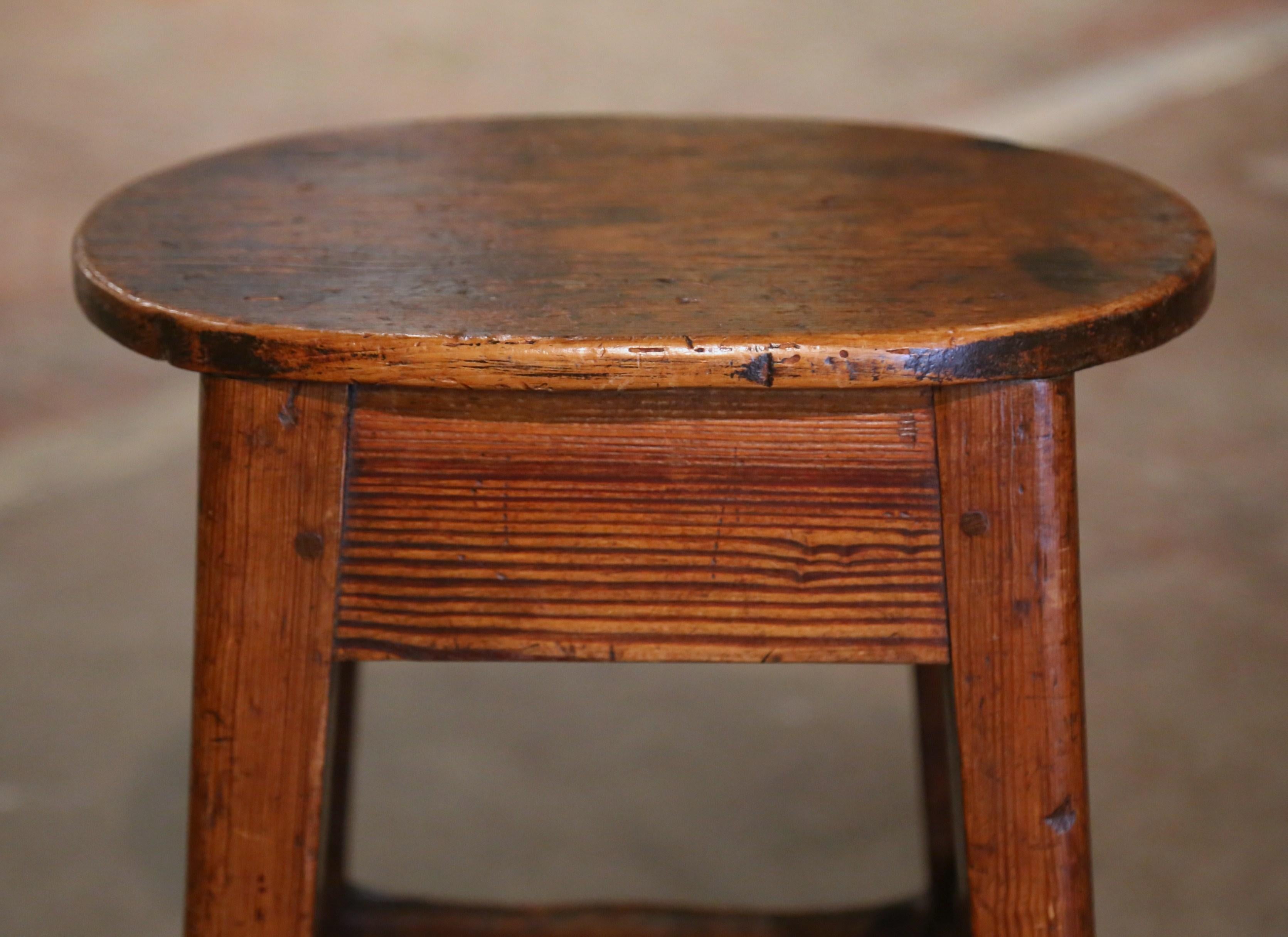 Patinated 19th Century French Carved Pine Country Stool from Normandy