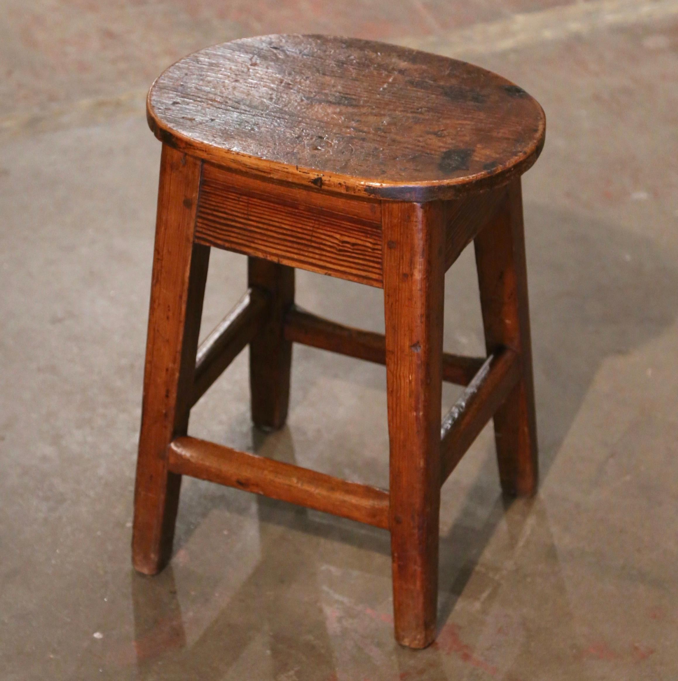 19th Century French Carved Pine Country Stool from Normandy 1
