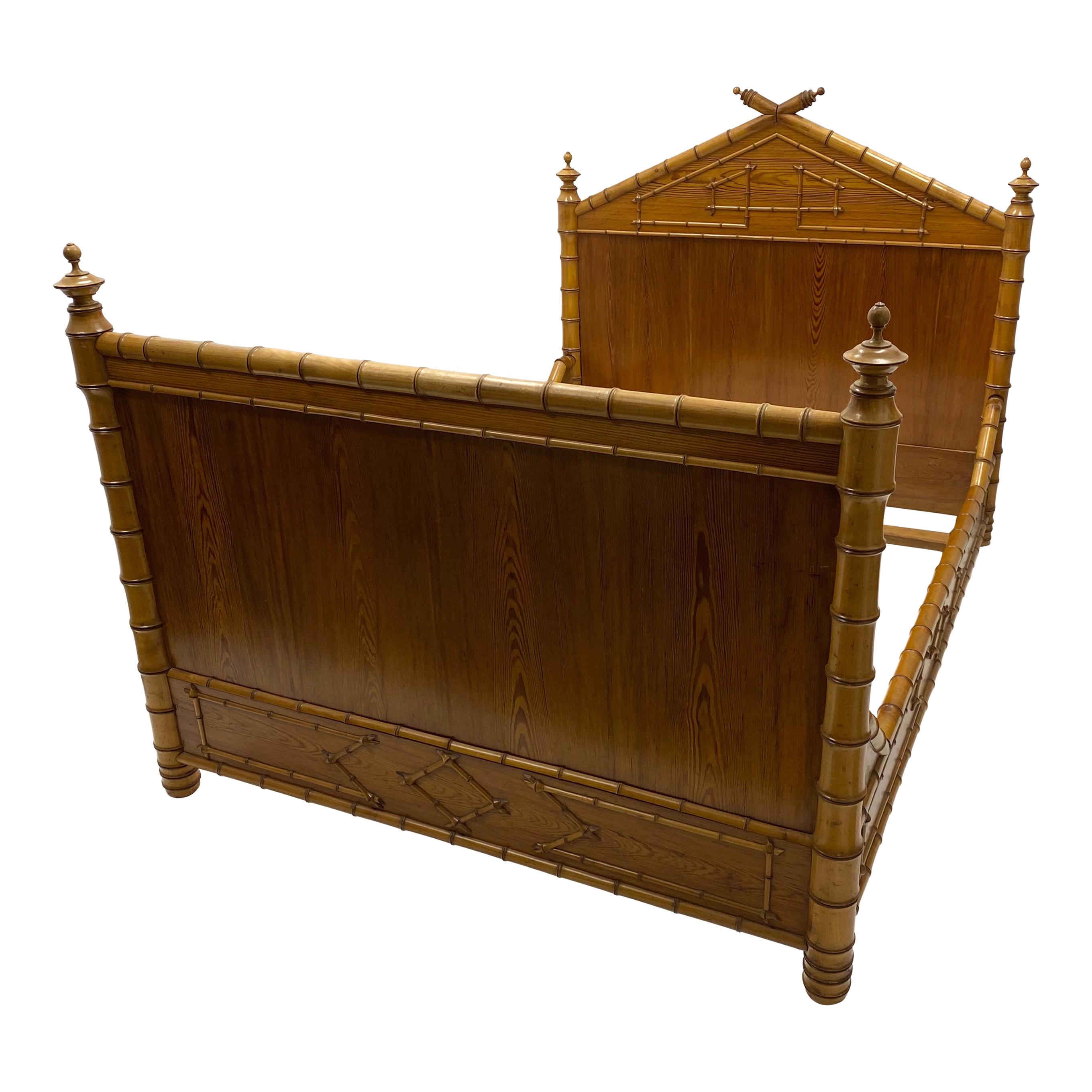 19th Century French Carved Pine Faux Bamboo Bed