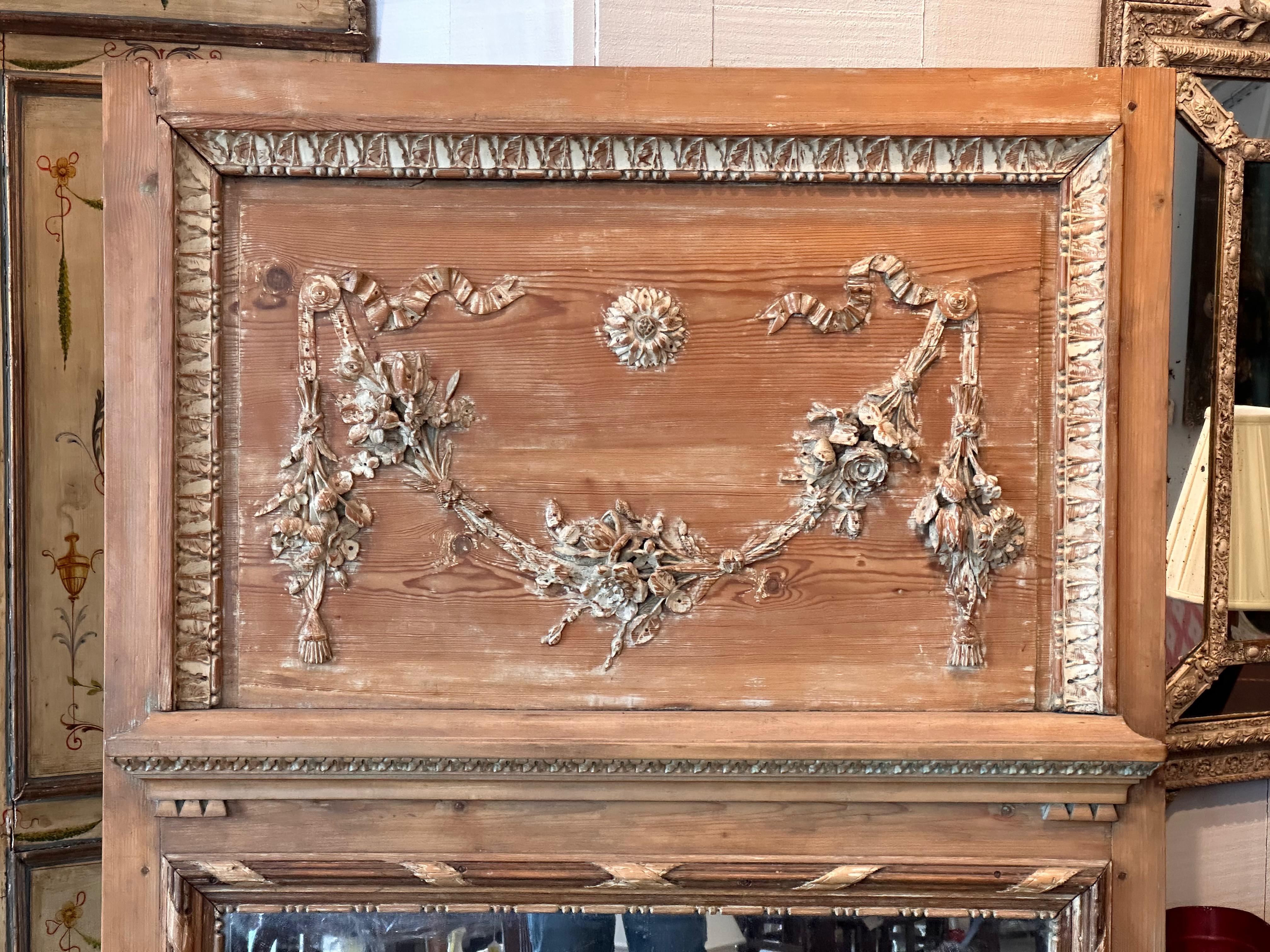 19th Century French Carved Pine Trumeau Mirror For Sale 1