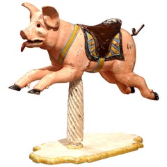 Antique 19th Century French Carved Polychrome Painted Carousel Pig on Wooden Stand