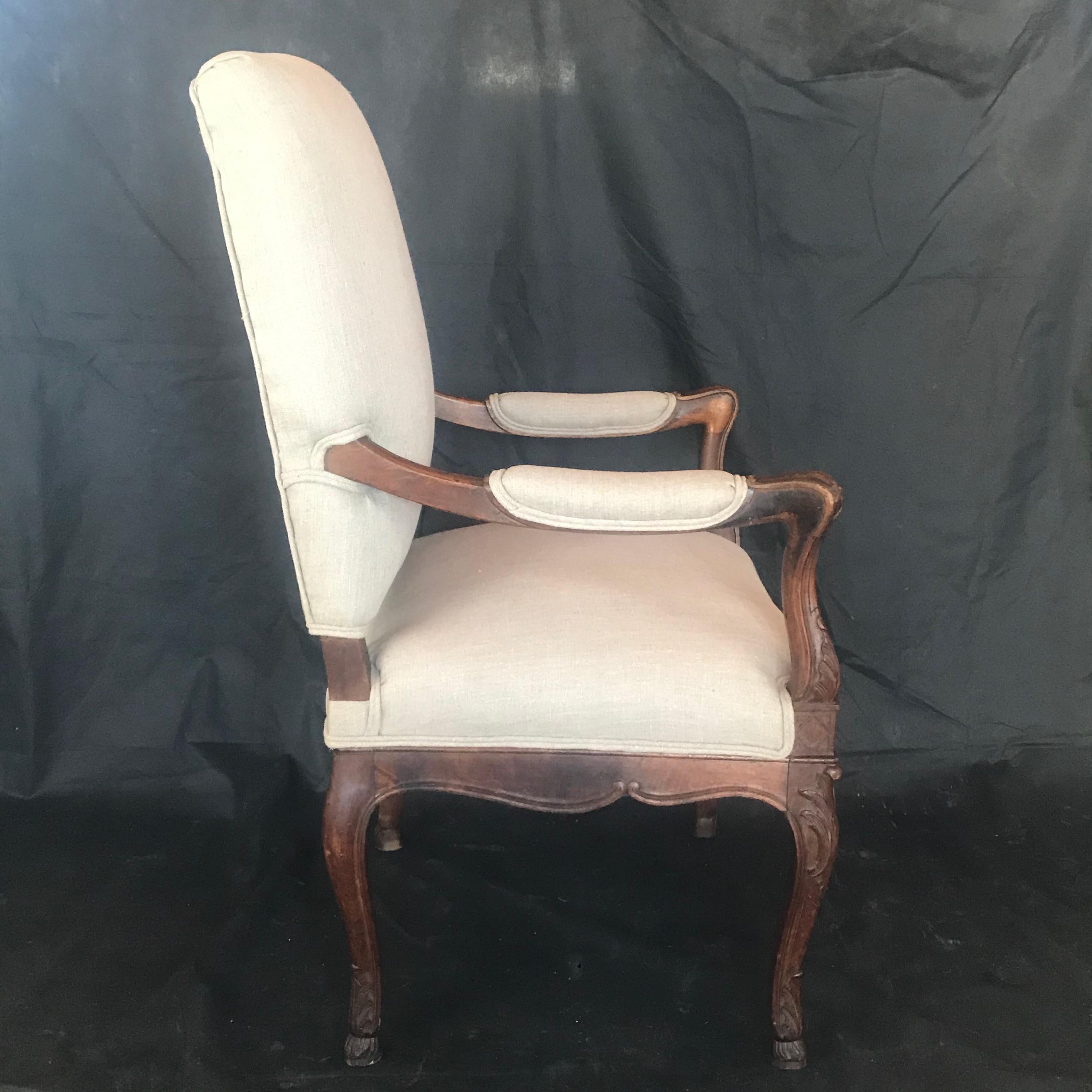 19th Century French Carved Regency Style Walnut Chair with Scrolled Arms In Good Condition For Sale In Hopewell, NJ