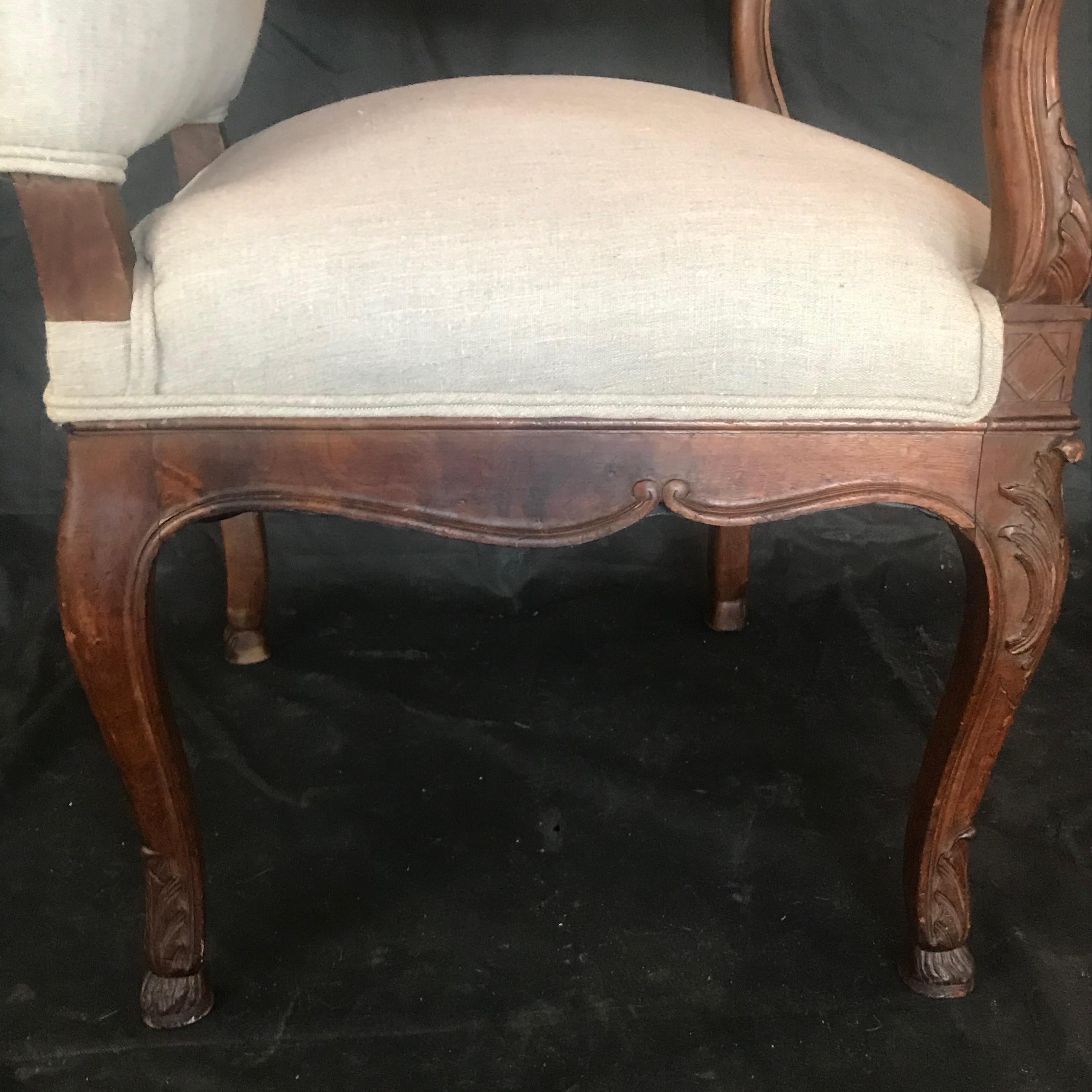 19th Century French Carved Regency Style Walnut Chair with Scrolled Arms For Sale 2
