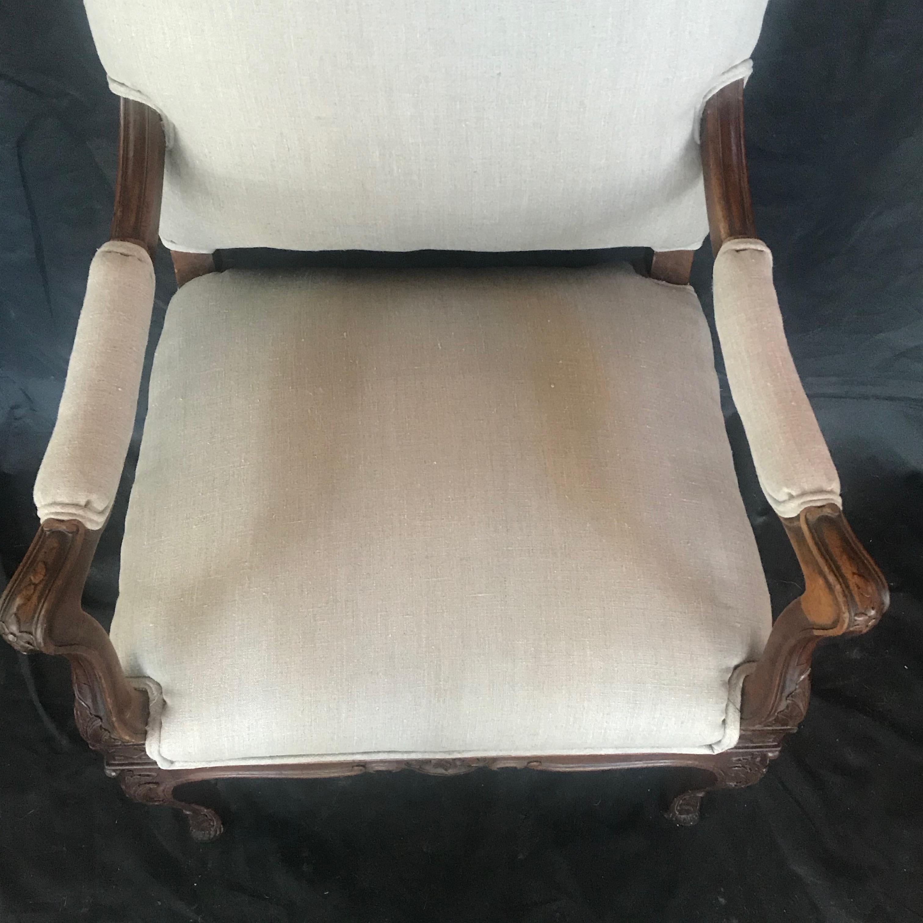 19th Century French Carved Regency Style Walnut Chair with Scrolled Arms For Sale 4