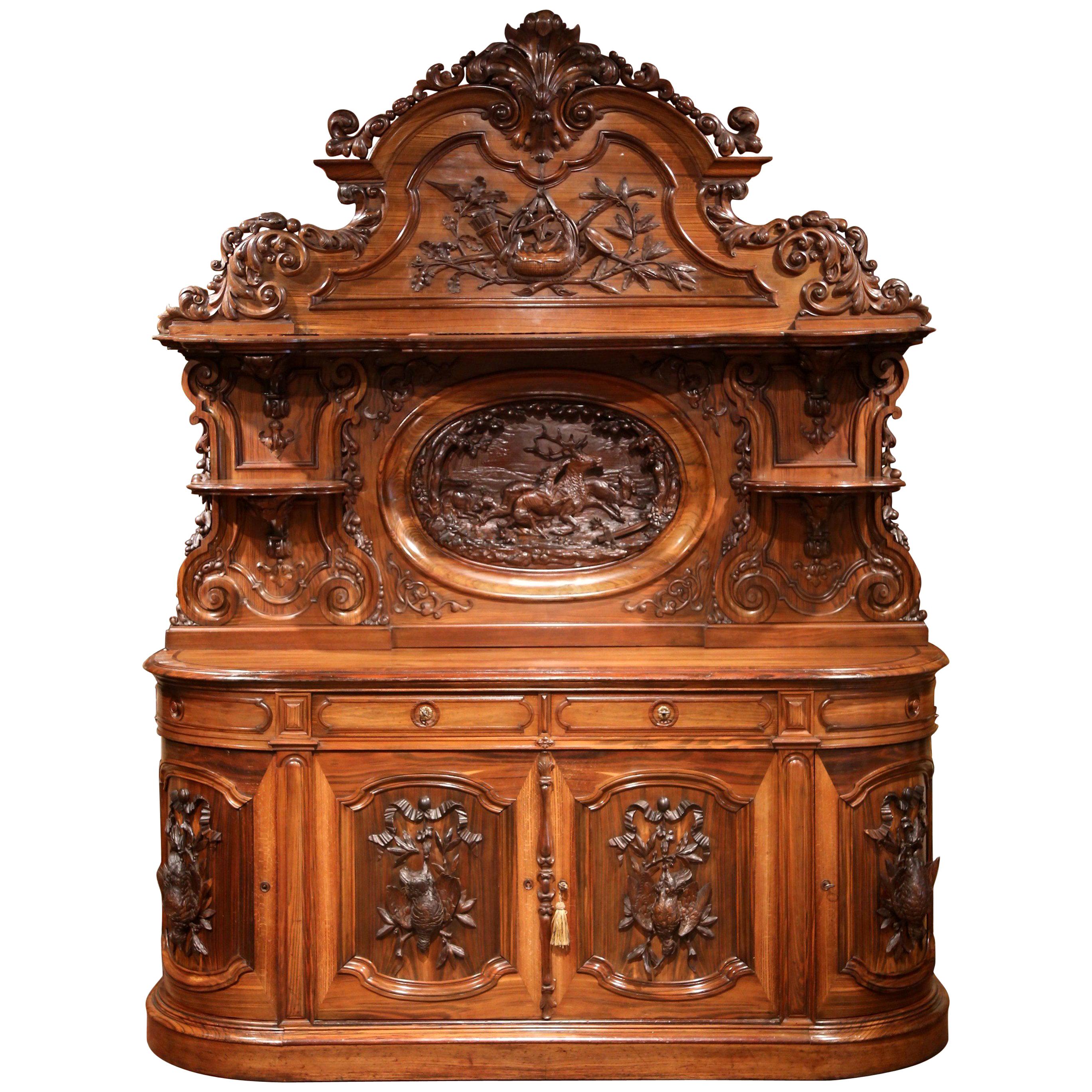 19th Century French Carved Rosewood Hunt Buffet with Deer and Bird Motifs