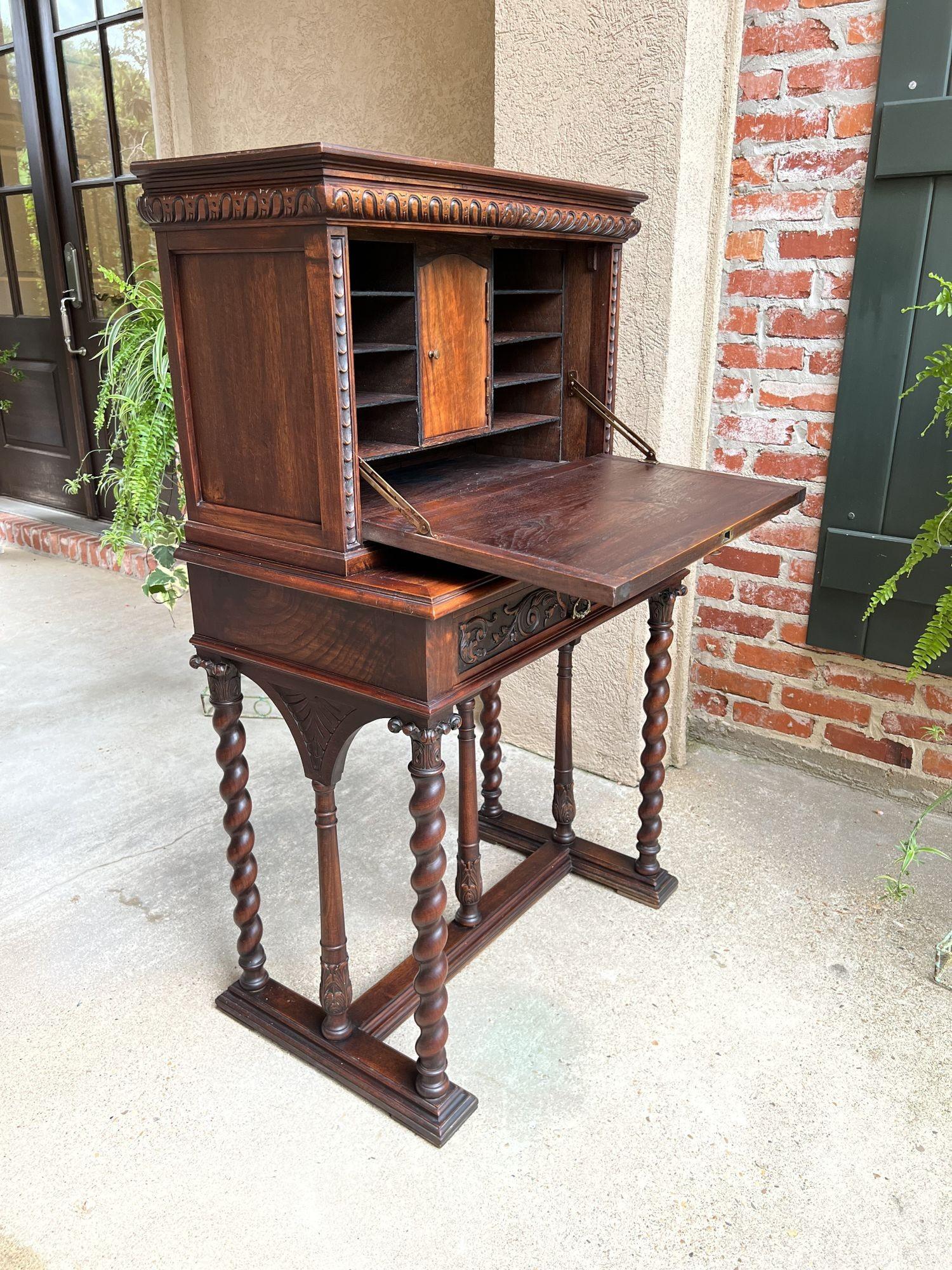 Antique French Carved Secretary Petite Desk Barley Twist Walnut Bookcase  For Sale 4
