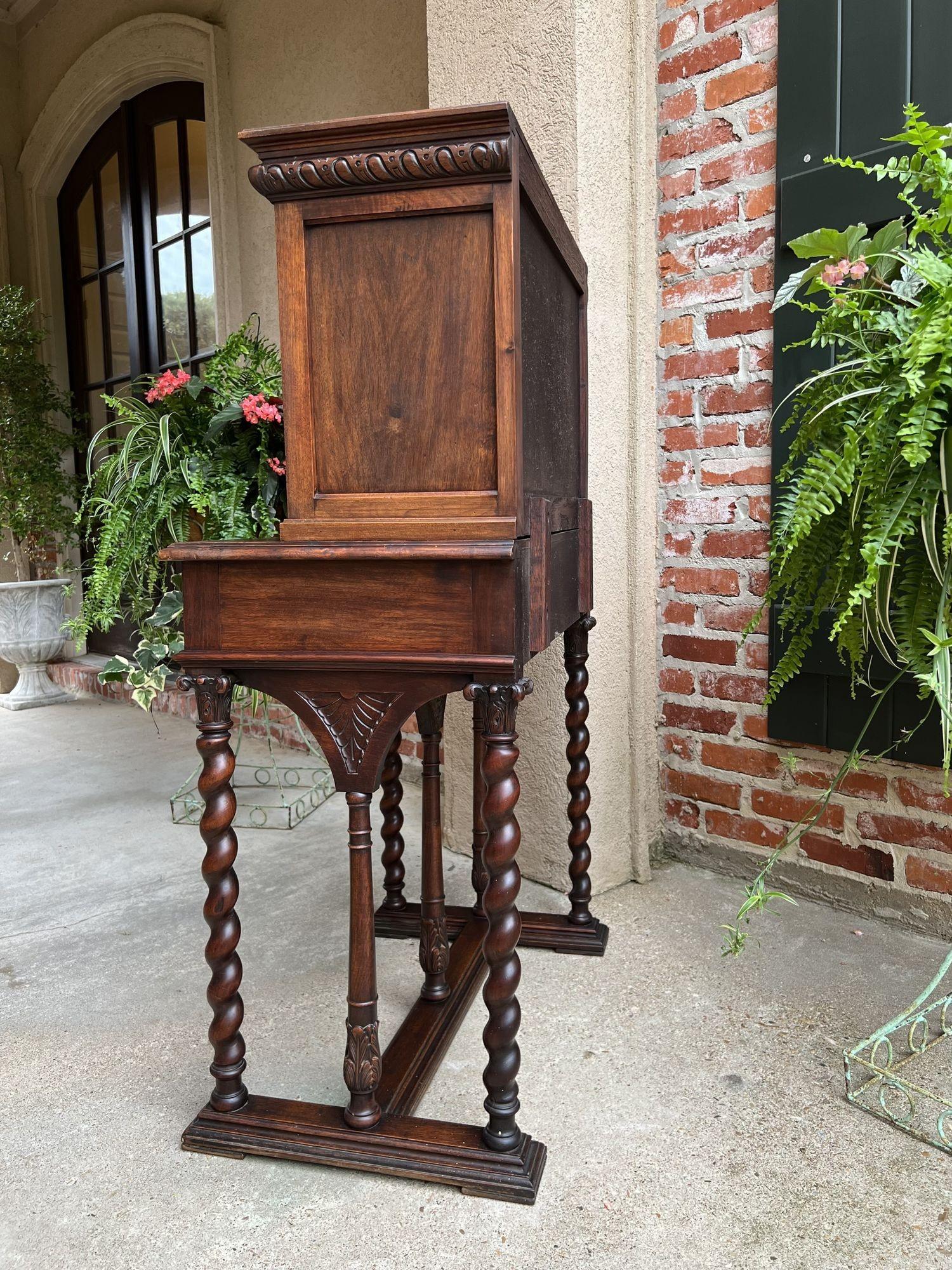 Antique French Carved Secretary Petite Desk Barley Twist Walnut Bookcase  For Sale 5