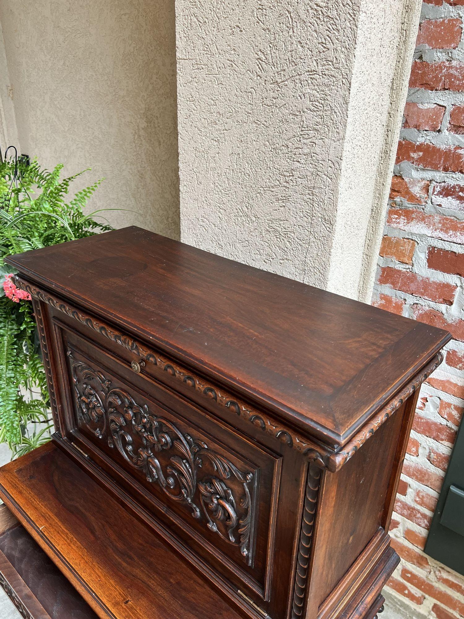 Antique French Carved Secretary Petite Desk Barley Twist Walnut Bookcase  For Sale 6