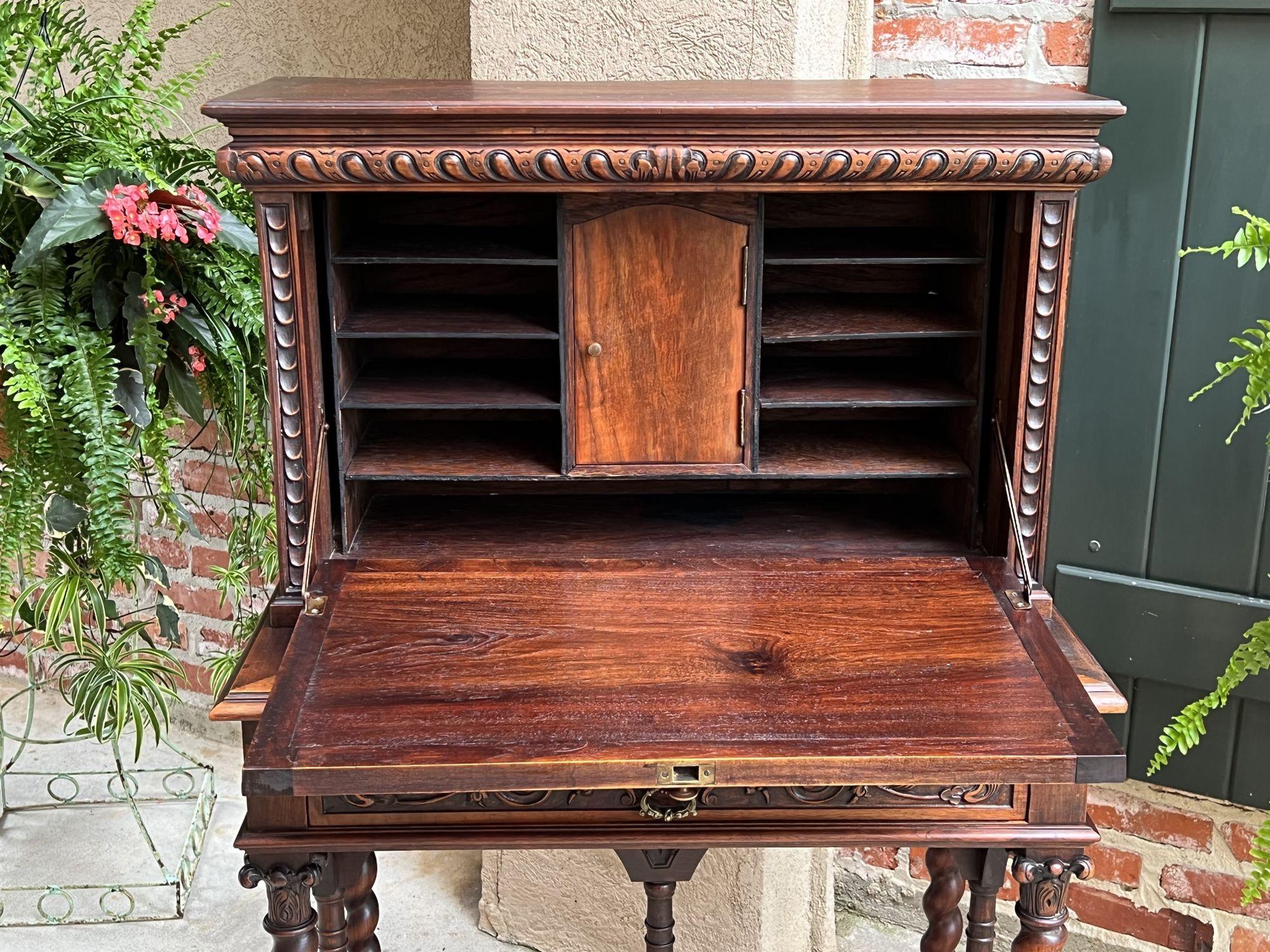 Antique French Carved Secretary Petite Desk Barley Twist Walnut Bookcase  For Sale 8