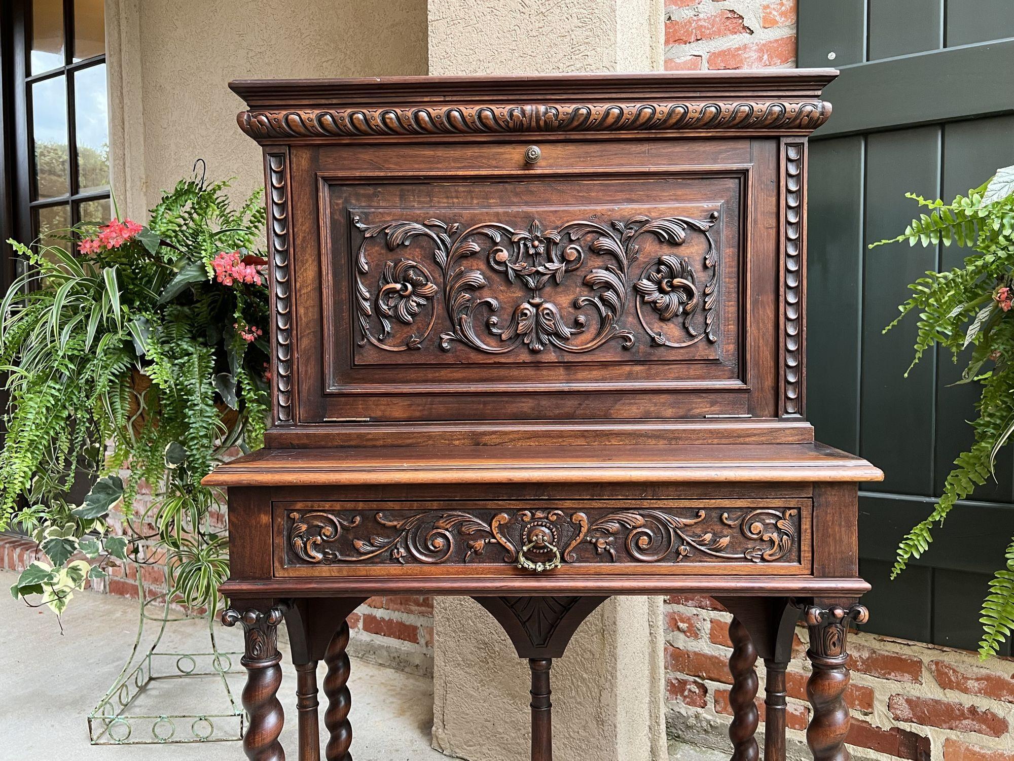 Antique French Carved Secretary Petite Desk Barley Twist Walnut Bookcase  For Sale 11